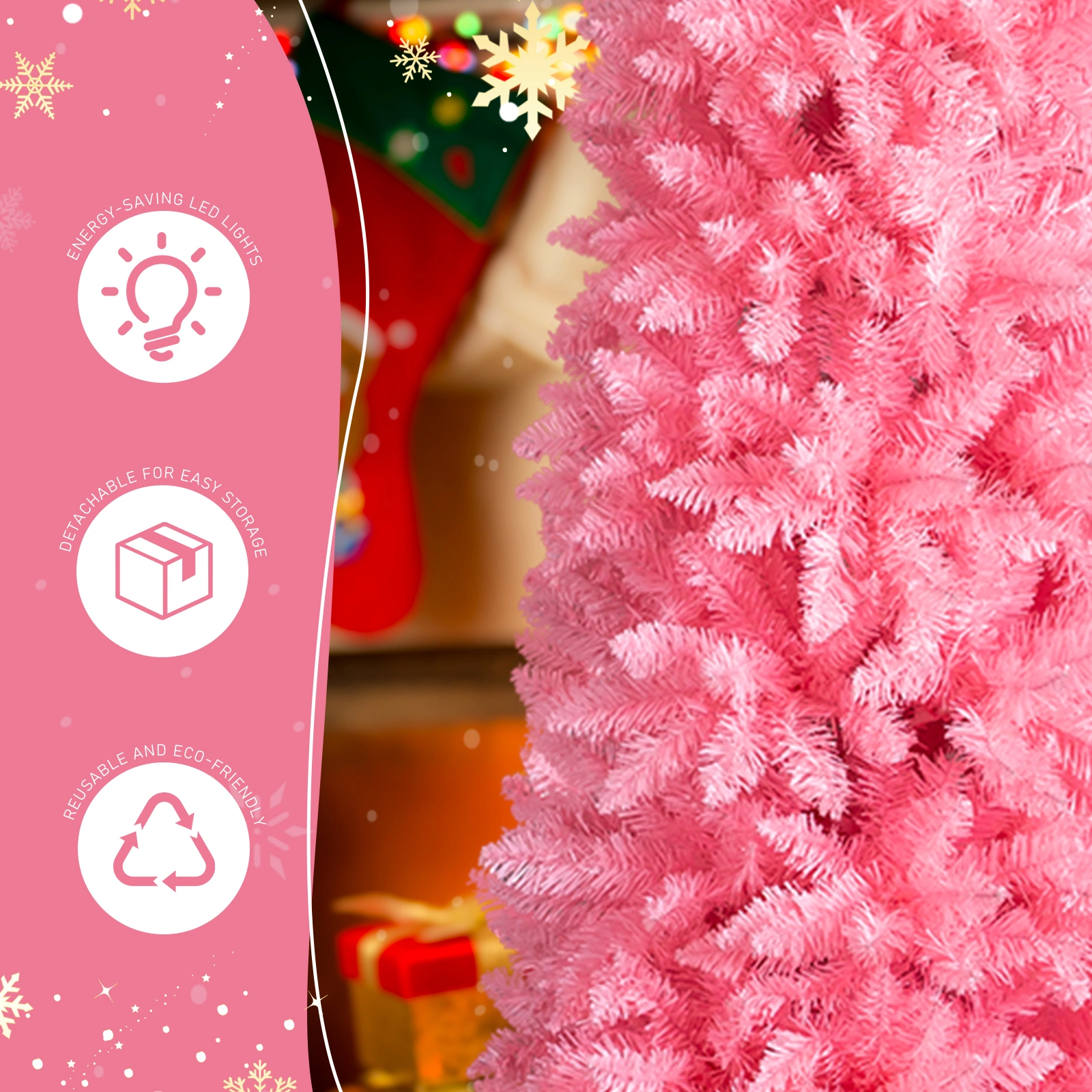 7.5 FT Hinged Pencil Christmas Tree Artificial Unlit, 1075 Branch Tips w/Sturdy Stand, Pink view 8