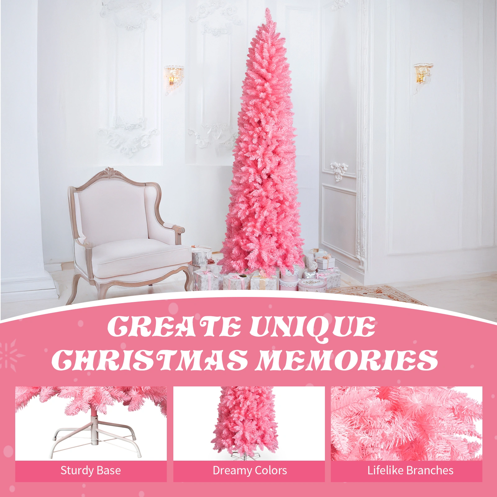 7.5 FT Hinged Pencil Christmas Tree Artificial Unlit, 1075 Branch Tips w/Sturdy Stand, Pink view 9