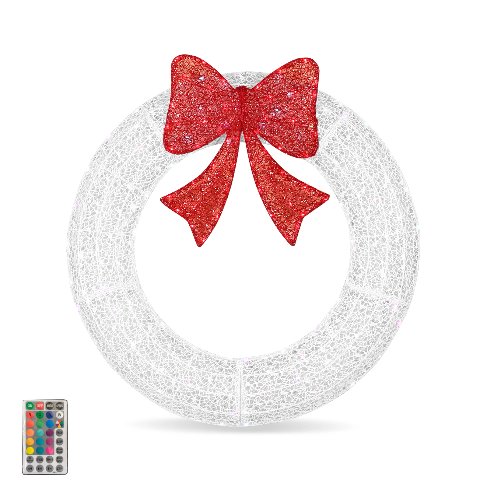 36in Pre-Lit Christmas Wreath, Metal Wreath with Red Bow & Remote Timer LED Lights, White Outdoor Indoor Holiday Decor for Door Gate Wall