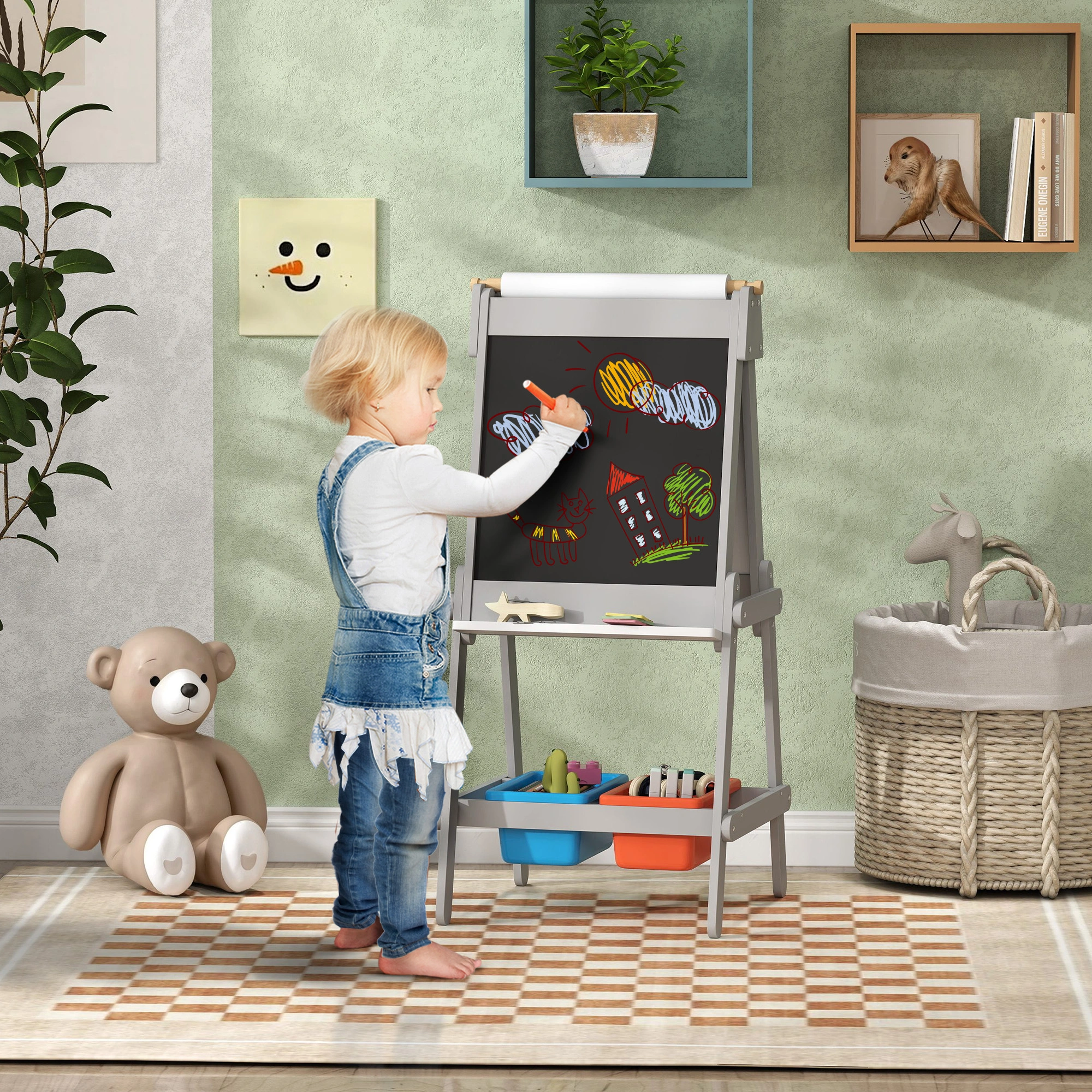 Kids Art Easel, Double-Sided Magnetic Whiteboard & Chalkboard, Adjustable Height, Washable