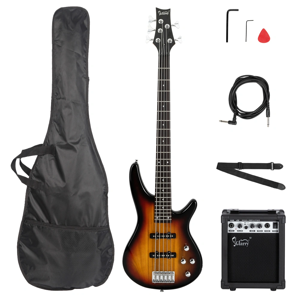 GIB 5-String Full-Size Electric Bass Guitar SS Pickups Amp Kit Sunset Color for Experienced Players