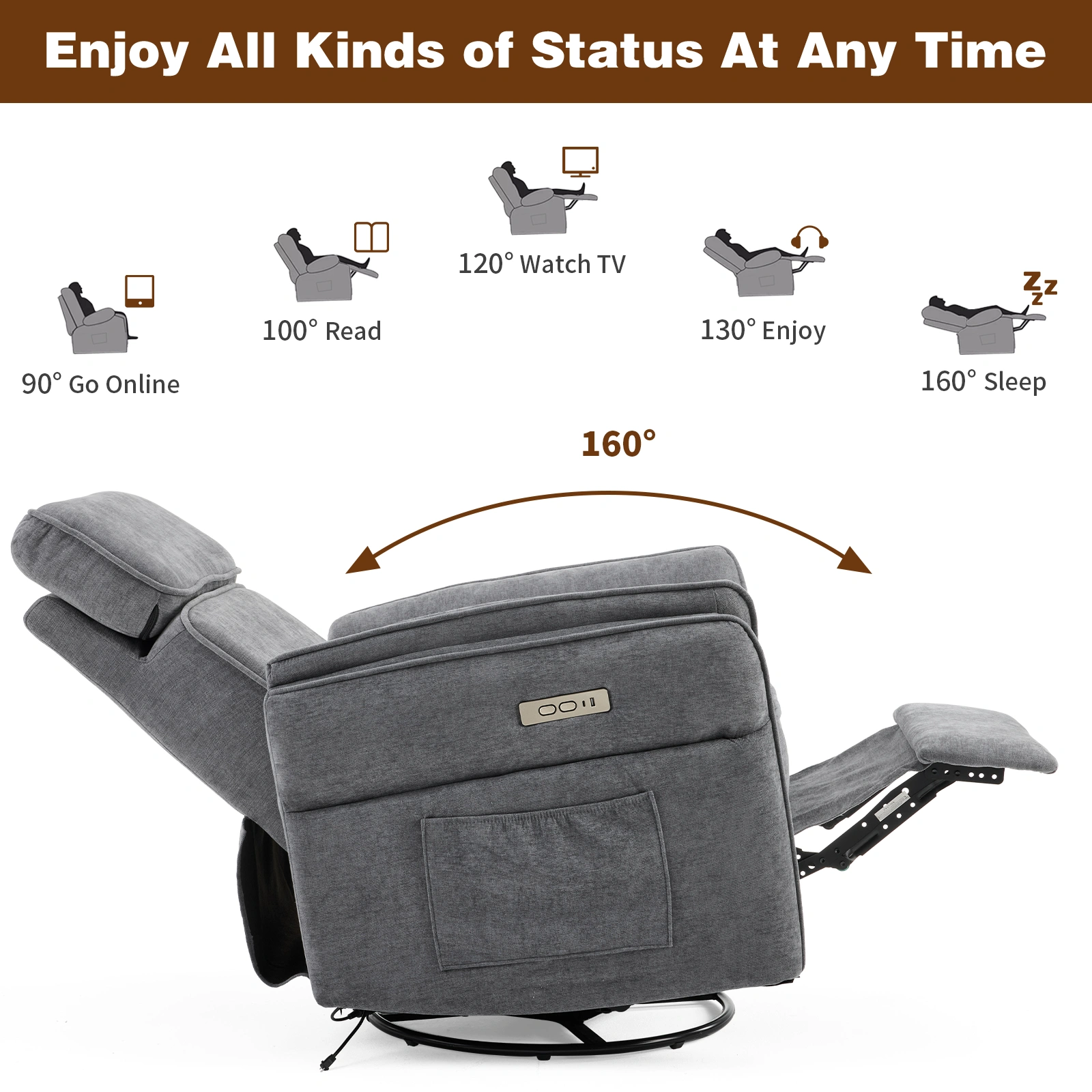 Electric Power Recliner Chair, 300° Swivel Rocker, Adjustable Headrest & Foldable Armrests, 330 Lbs Weight Capacity Indoor Functional Chair , Dark Gray Chenille view 3