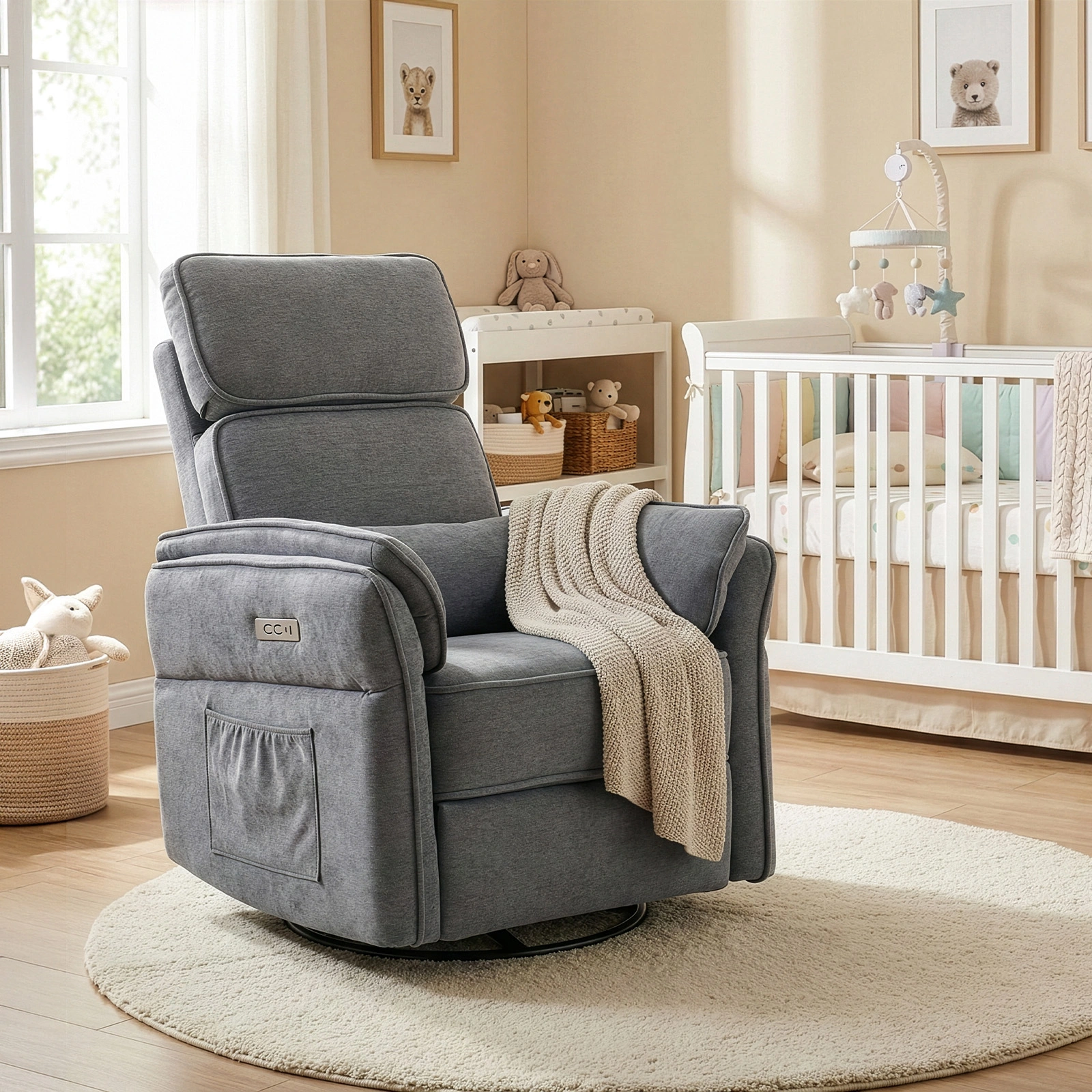 Electric Power Recliner Chair, 300° Swivel Rocker, Adjustable Headrest & Foldable Armrests, 330 Lbs Weight Capacity Indoor Functional Chair , Dark Gray Chenille view 4
