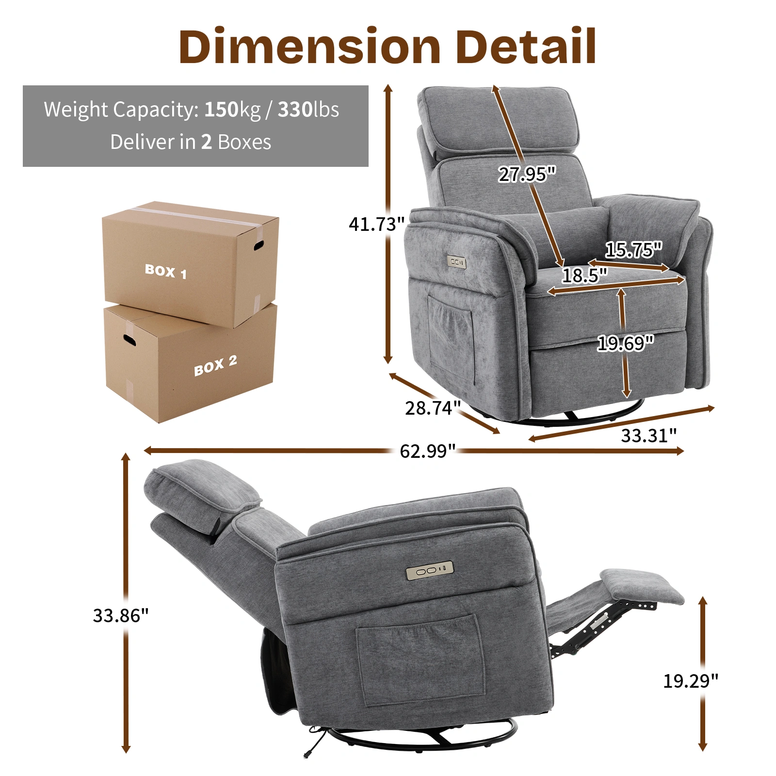 Electric Power Recliner Chair, 300° Swivel Rocker, Adjustable Headrest & Foldable Armrests, 330 Lbs Weight Capacity Indoor Functional Chair , Dark Gray Chenille view 5