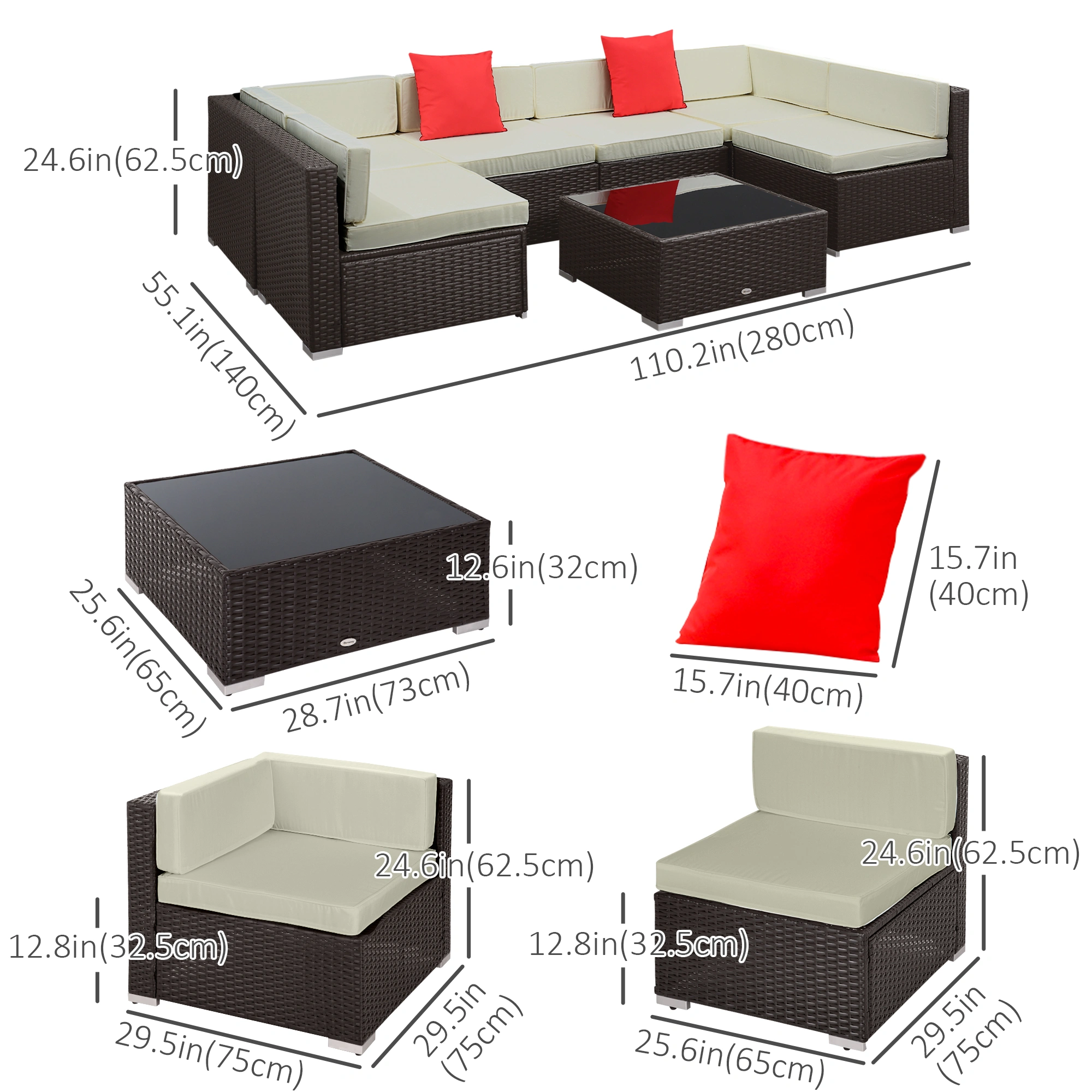3-Seater Rattan Sofa Set Outdoor Garden Patio Wicker Sectional Couch with Cushions view 2