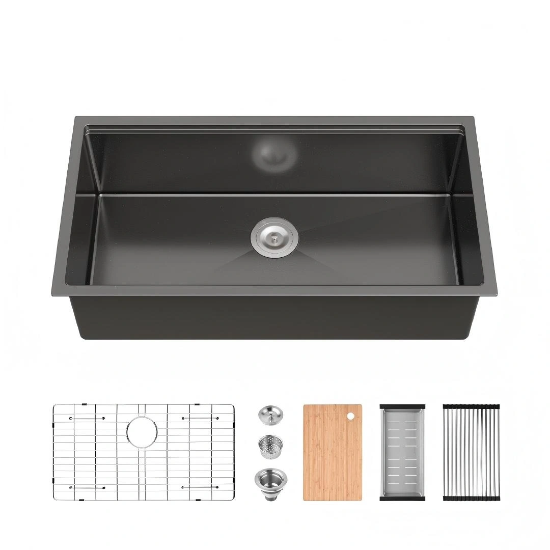 36x19 Inch S304 Stainless Steel Kitchen Sink, Undermount Waterfall Single Bowl, Handmade Matte Black
