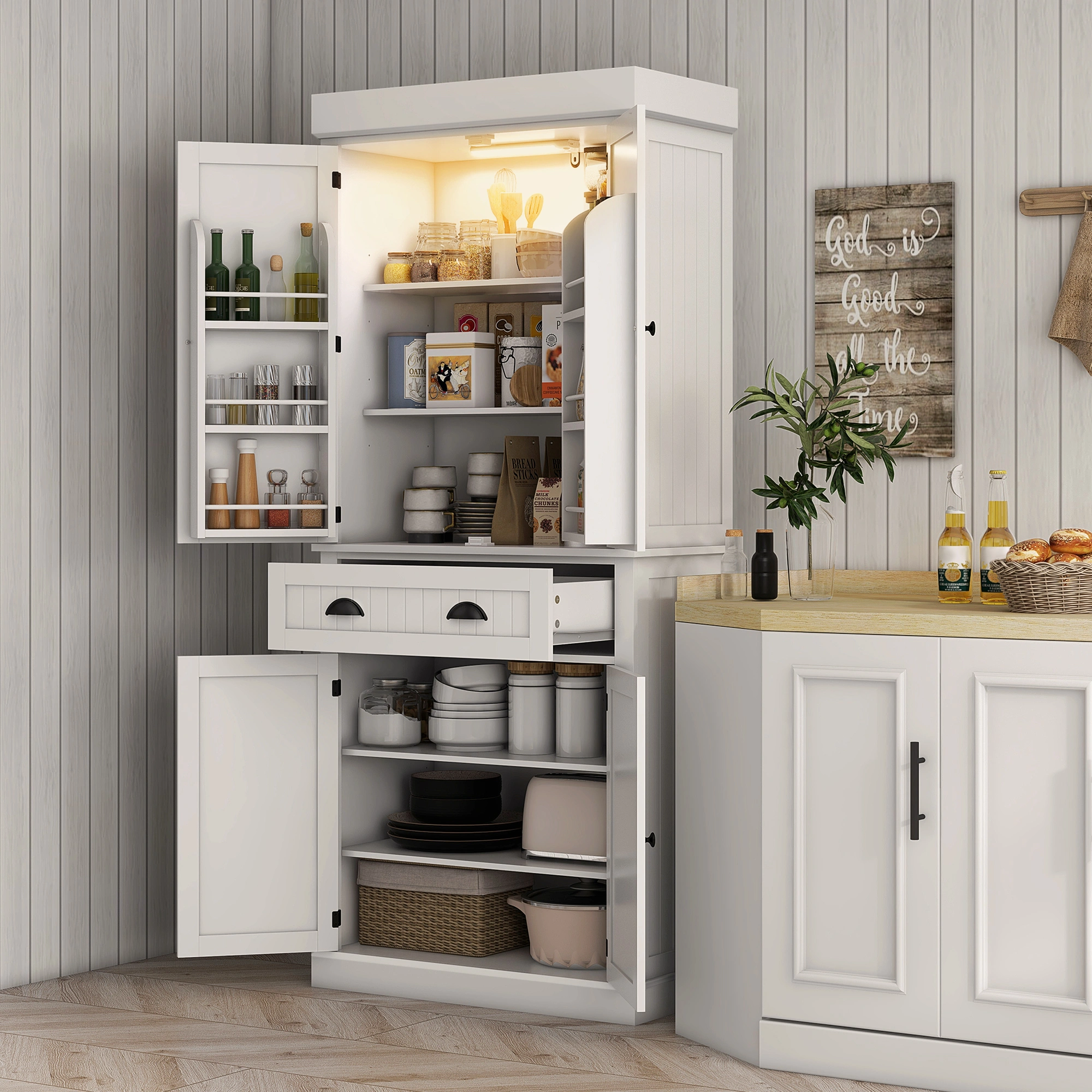 Kitchen Storage Cabinet with Shelves and Doors - Freestanding Pantry Cupboard, Multi-Layer Organizer for Living Room, Bedroom, Bathroom
