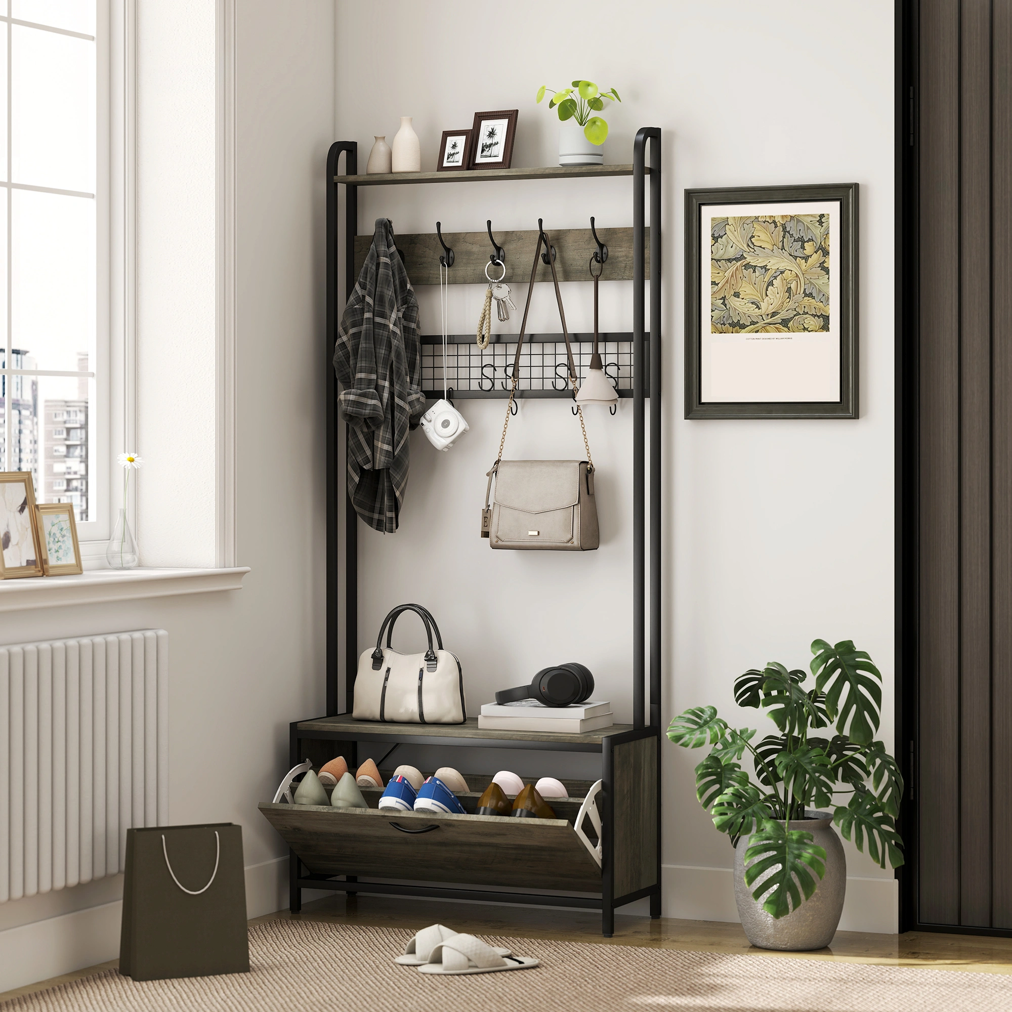 Hall Tree with Bench Entryway Storage Organizer, Coat Rack with Shoes Rack & Hooks for Entryway Living Room Mudroom, Wood Assembly
