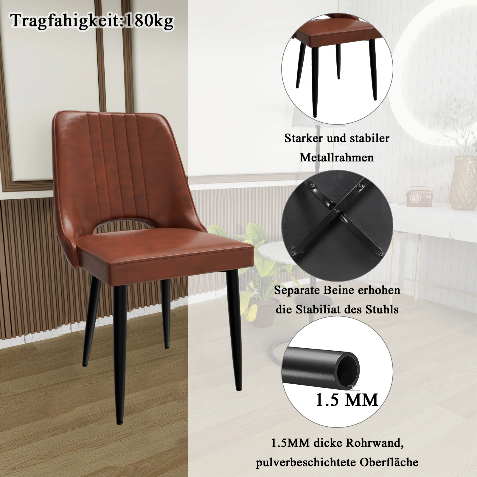 Scandinavian Dining Chair Set with Cut-Out Backrest, Modern High Back Faux Leather Chair, Accent Kitchen Dining Room Seat view 3