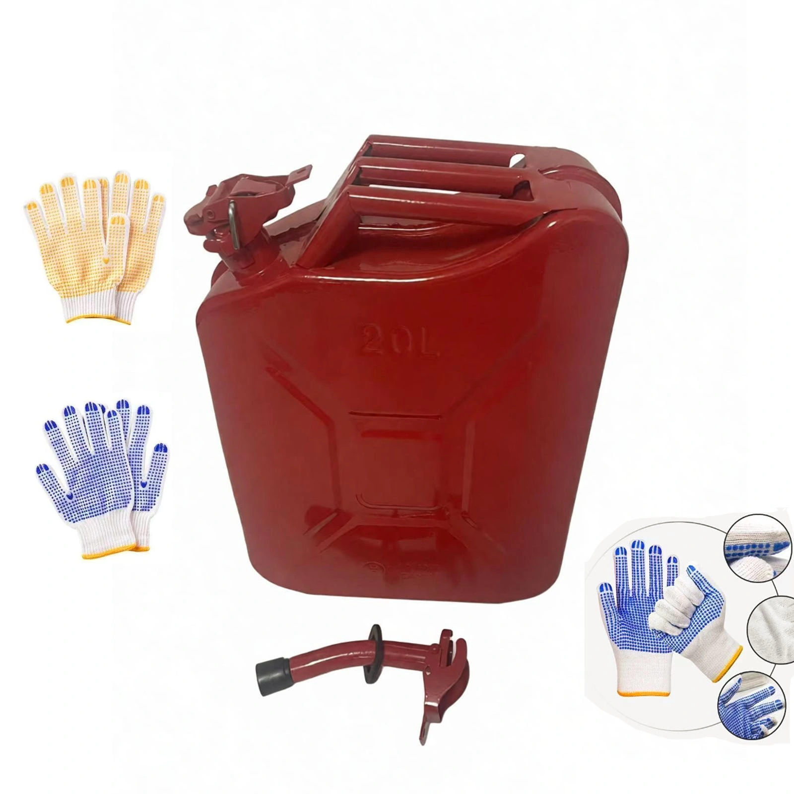 20L Red Gasoline Fuel Can, US Standard Cold-Rolled Steel Petrol Diesel Jerrycan with Oil Pipe & 2 Pairs Gloves