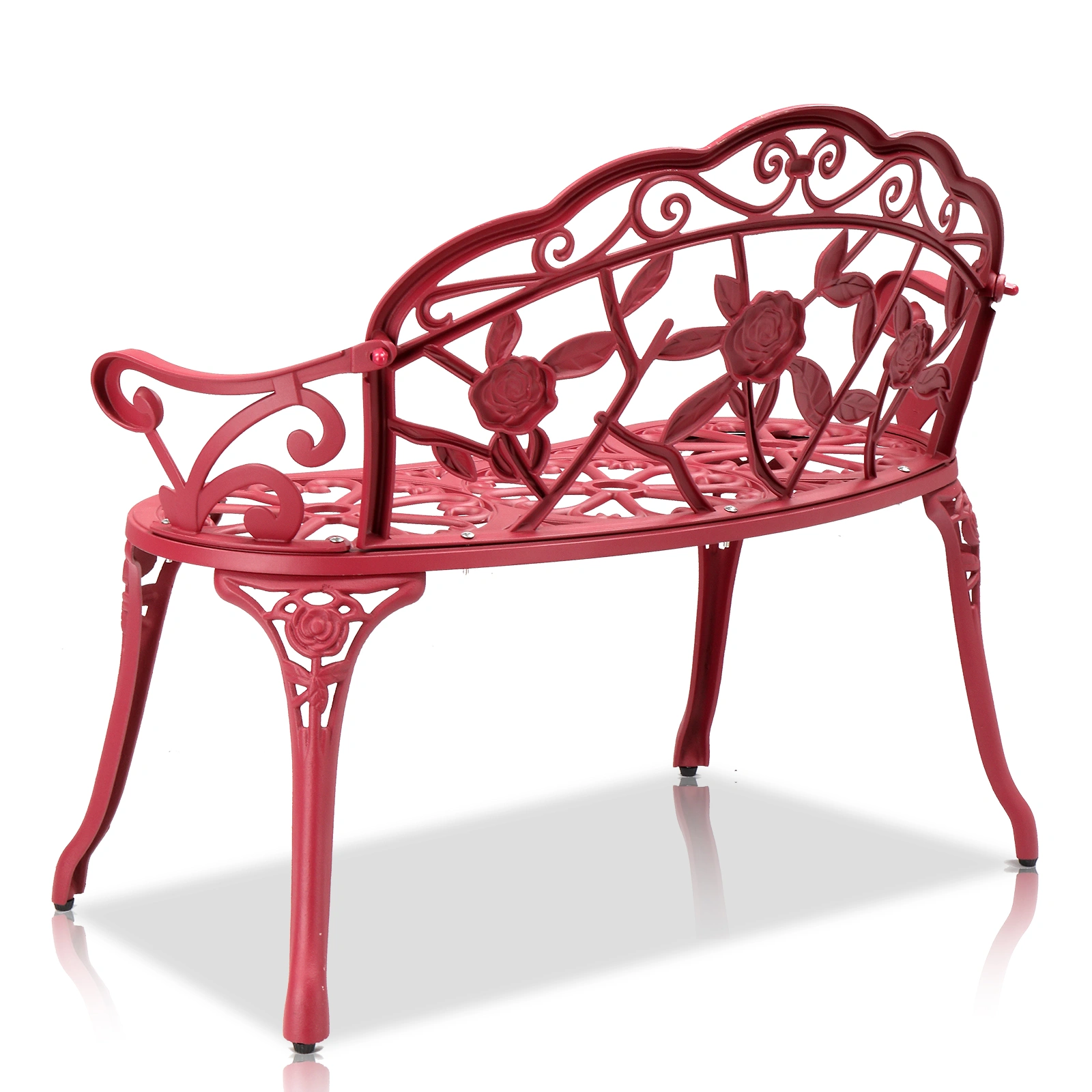 Outdoor Cast Aluminum Patio Bench Rose Pattern Curved Legs Red Porch Chair Garden Seat