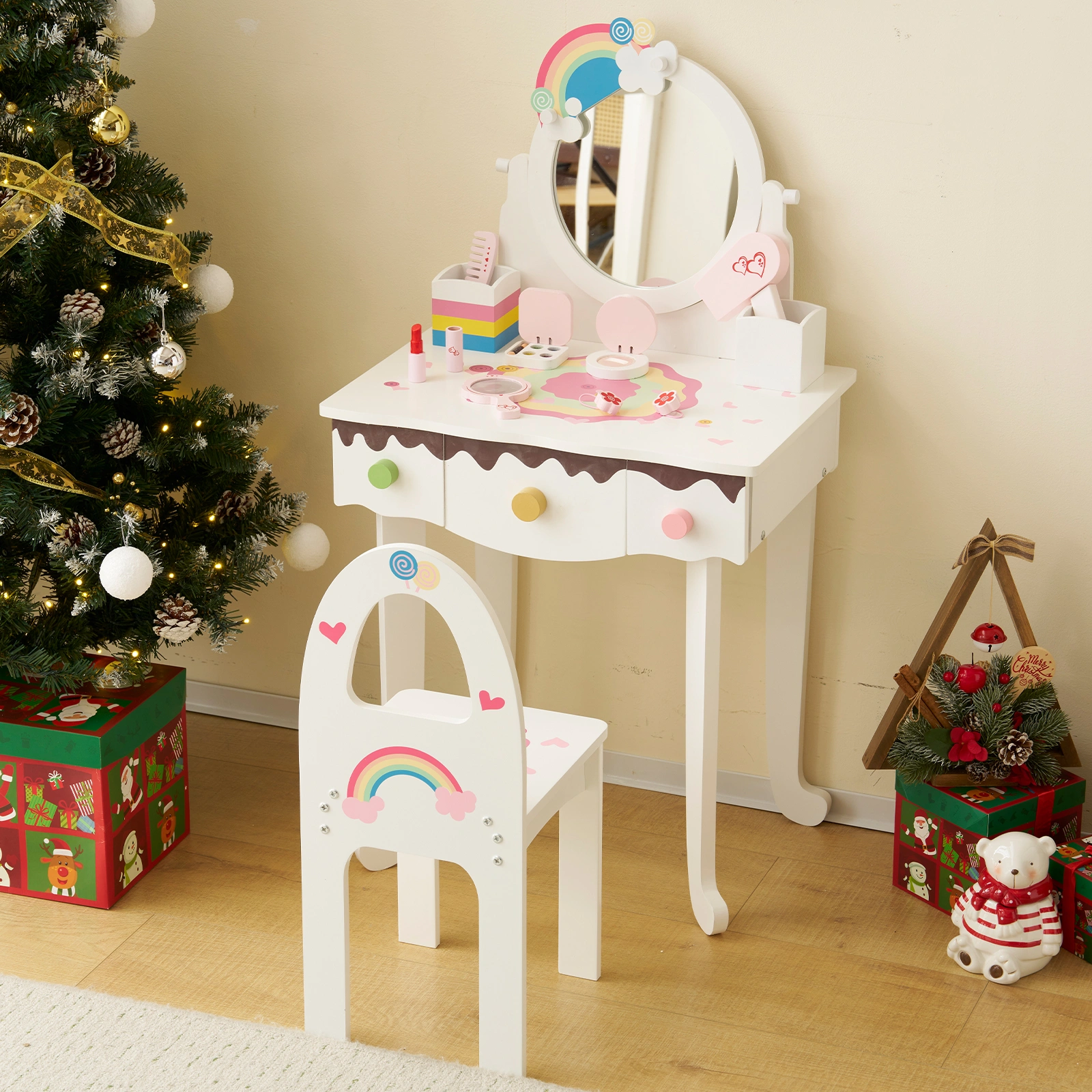 Kids Vanity Table and Chair Set with 7pcs Pretend Play Makeup Toys, Girls Vanity with Mirror & Stool, 3 Drawers, White