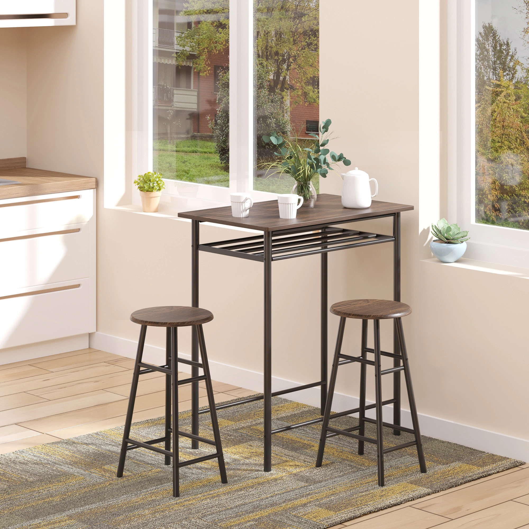 Commercial Pub Table and Chair Set, 29" Height Restaurant Bar Table with 2 Stools, Metal Frame, Space-Saving Stackable Design, Indoor Outdoor Use, Black
