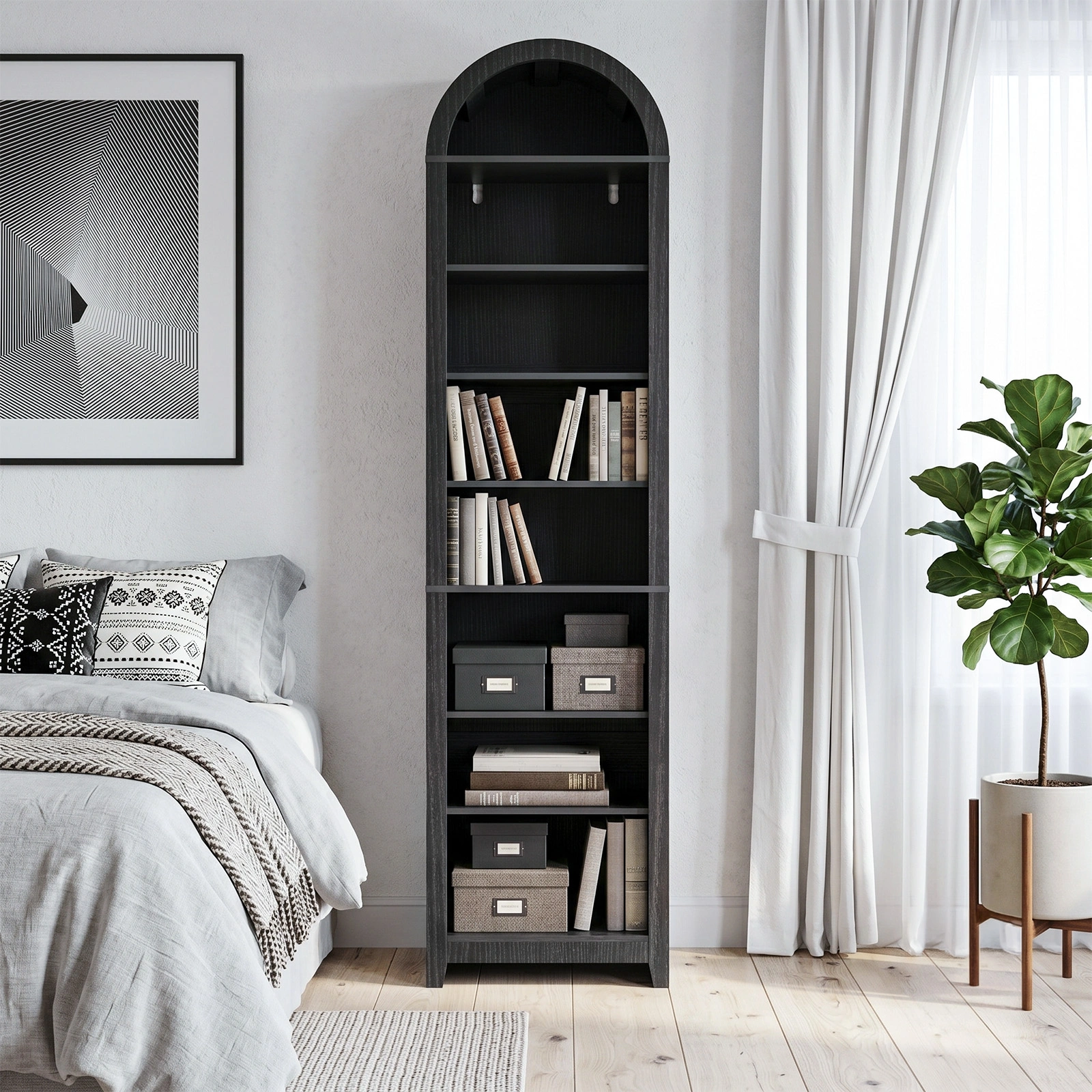 8-Tier Arched Dome Display Rack Bookshelf - Particleboard Melamine Faced Storage Organizer Shelf for Home Office, 15.75x11.81x70 Inch, Black
