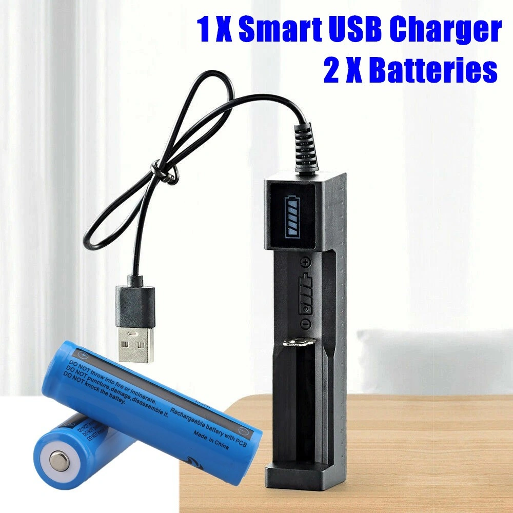 2PCS 18650 Rechargeable Batteries + 1PCS USB Charger Set Kit for Flashlights Headlamp Torch Light
