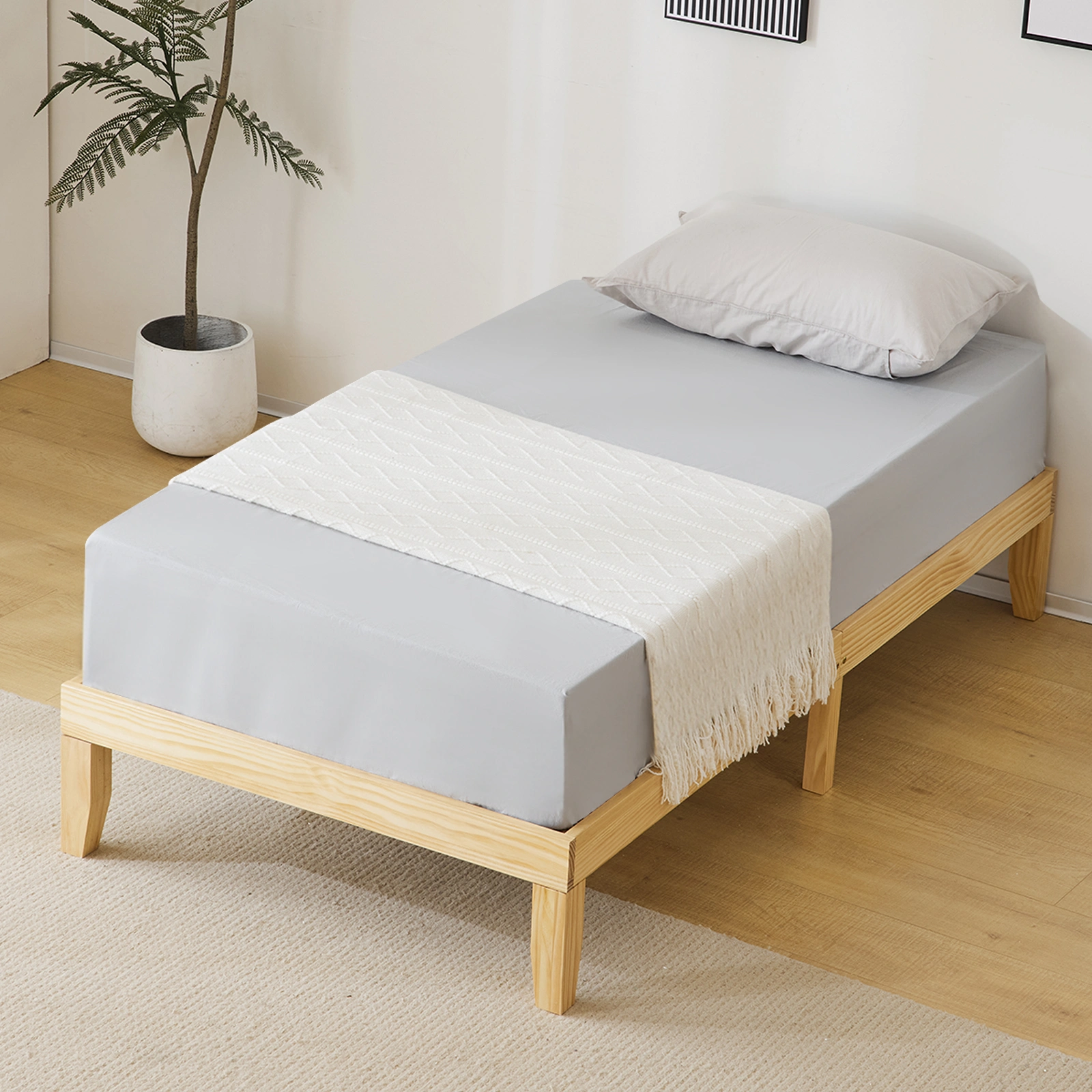 Solid Pine Wood Twin Bed Frame with Natural Finish - Sturdy Simple Platform