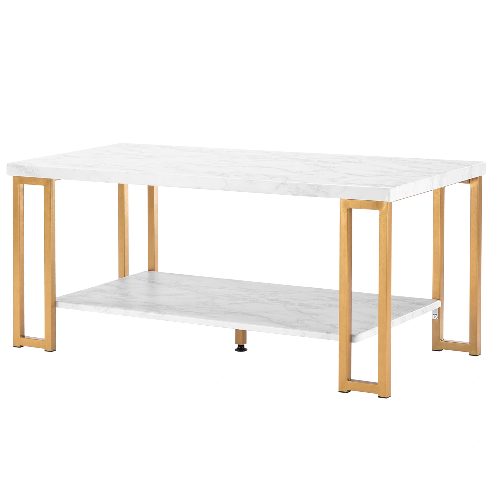 Rectangular Coffee Table 106x50x48cm, Golden Iron Frame Double-Layer with Marble Top, PVC Base for Living Room