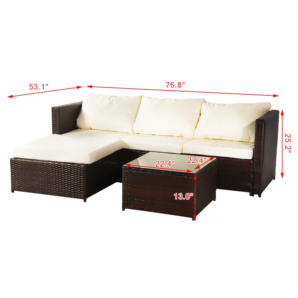 Brown Outdoor Sofa Set 3 Piece, Conjoined Sofa with Footrest Coffee Table Ottoman, 2-Box Storage, Garden Patio Furniture view 2