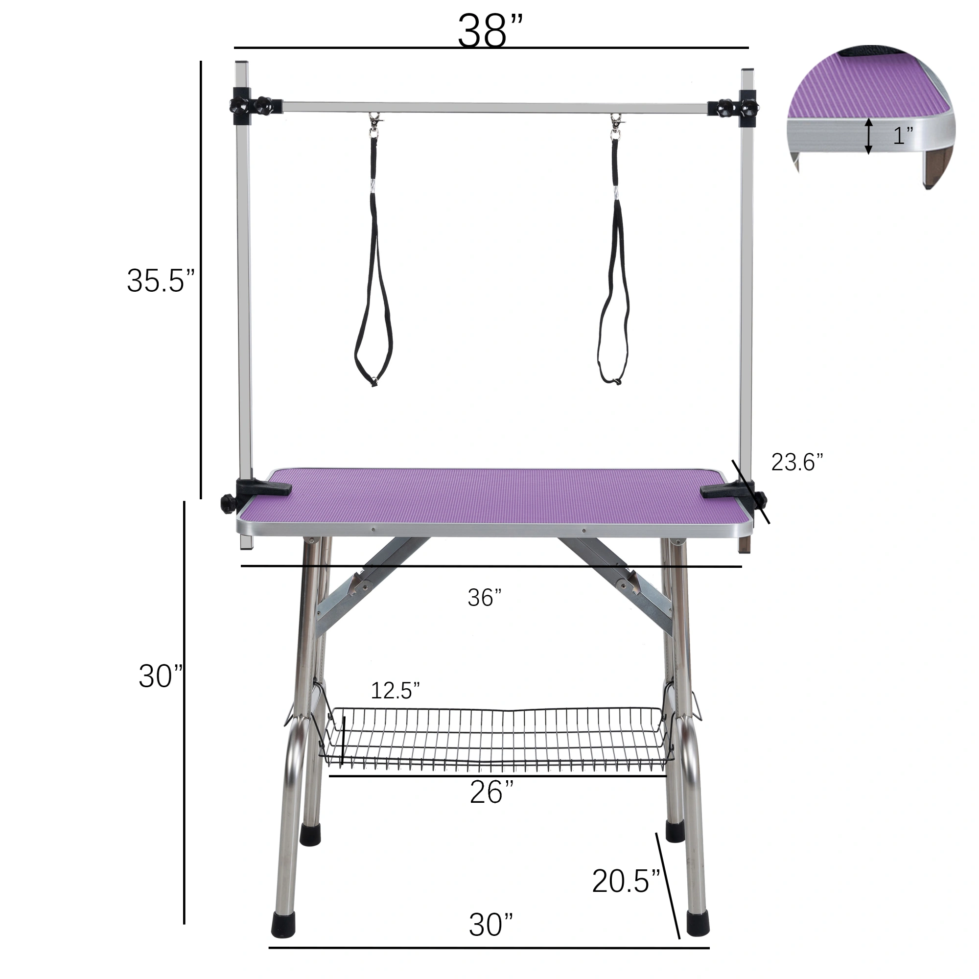 36" Folding Dog Grooming Table Stainless Steel Frame with Rubber Mat, Adjustable Arm & Clamps, Purple Pet Grooming Table for Dogs & Cats view 6