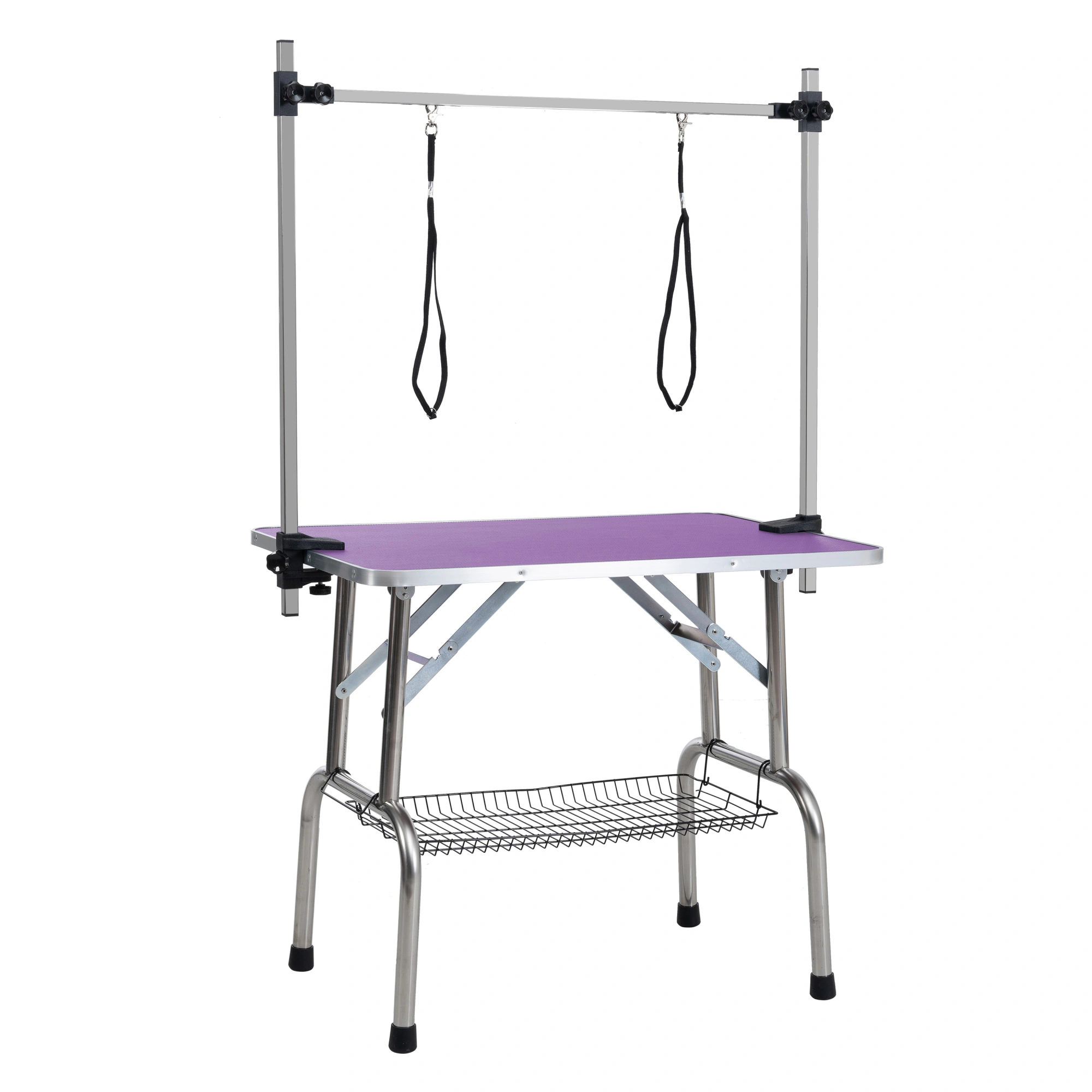 36" Folding Dog Grooming Table Stainless Steel Frame with Rubber Mat, Adjustable Arm & Clamps, Purple Pet Grooming Table for Dogs & Cats view 7