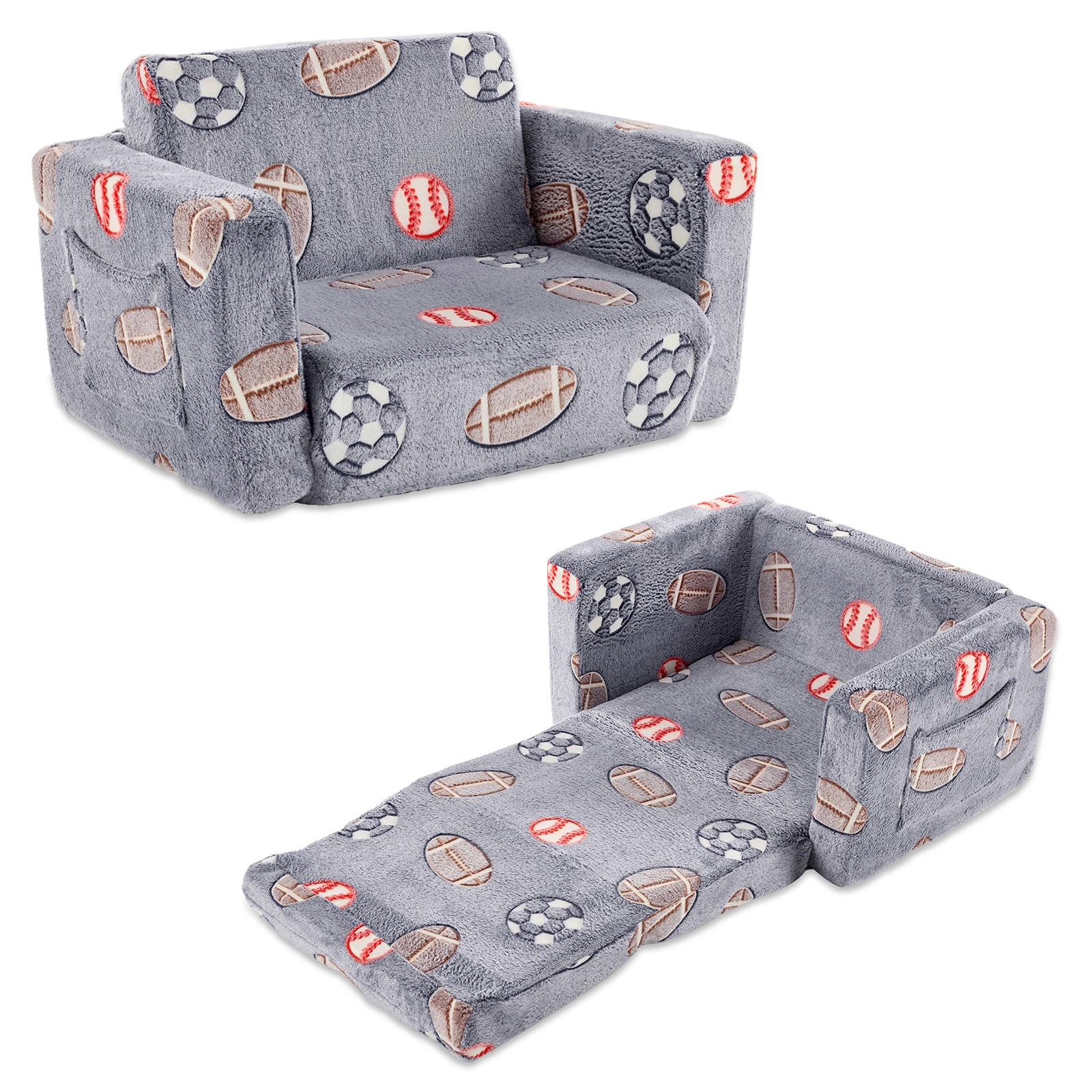 Kids Foldable Sofa Bed with Night Glow, 2-in-1 Convertible Children's Lounge Chair, Gray Blue Sports Ball Pattern, Soft Flannel