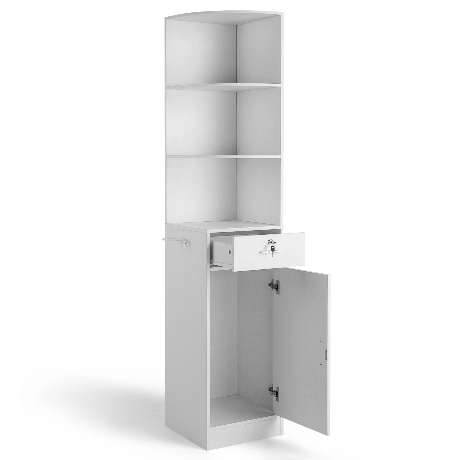 3-Tier Corner Cabinet with 1 Door & 1 Drawer, Matt White, 15mm E0 Particleboard, 75.2" H, Multipurpose Storage for Salon Spa Bathroom Bedroom