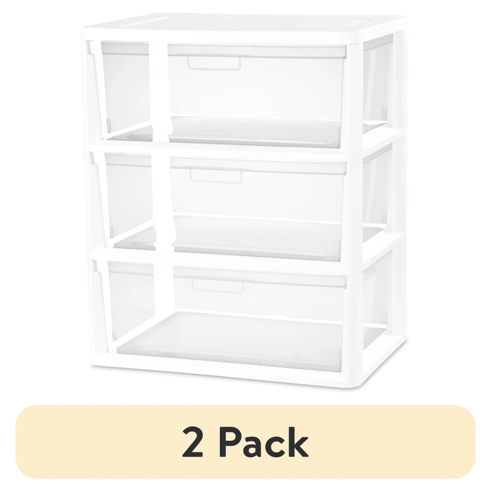 2 Pack 3-Drawer Tower Storage Organizer, Wide Plastic Organizer with Removable Clear Bins, Tool-Free Assembly, White