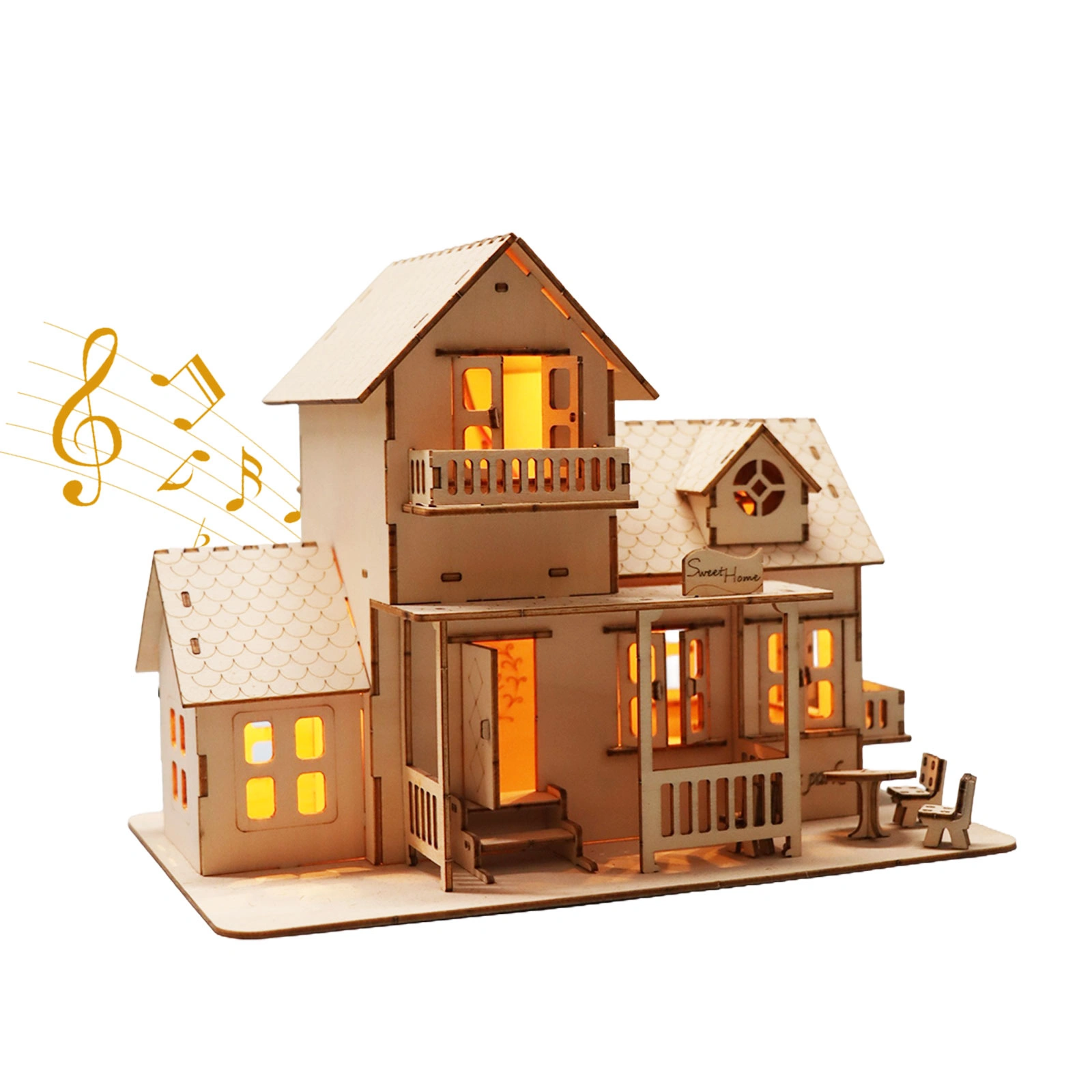 3D Wooden Puzzle Sweet Home Music Box with LED Night Lights, Miniature Dollhouse DIY Kit, Hands Craft Model Building Gift for Christmas