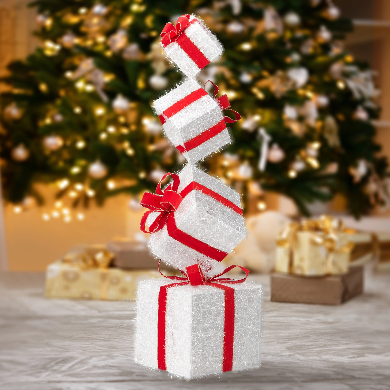 3FT Lighted Gift Box Tower with 80 LED Warm White Lights, Stacked Present Box Outdoor Indoor Holiday Decor with Ground Stakes view 2