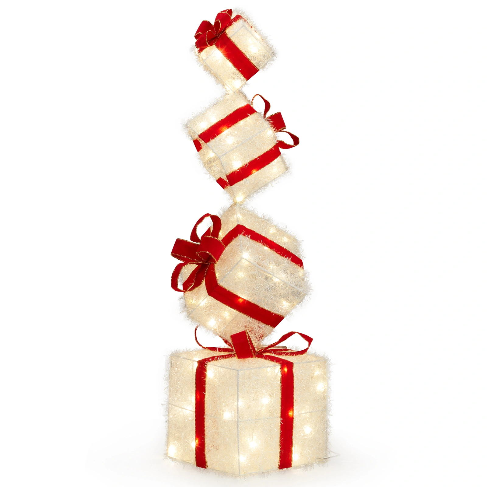 3FT Lighted Gift Box Tower with 80 LED Warm White Lights, Stacked Present Box Outdoor Indoor Holiday Decor with Ground Stakes view 3