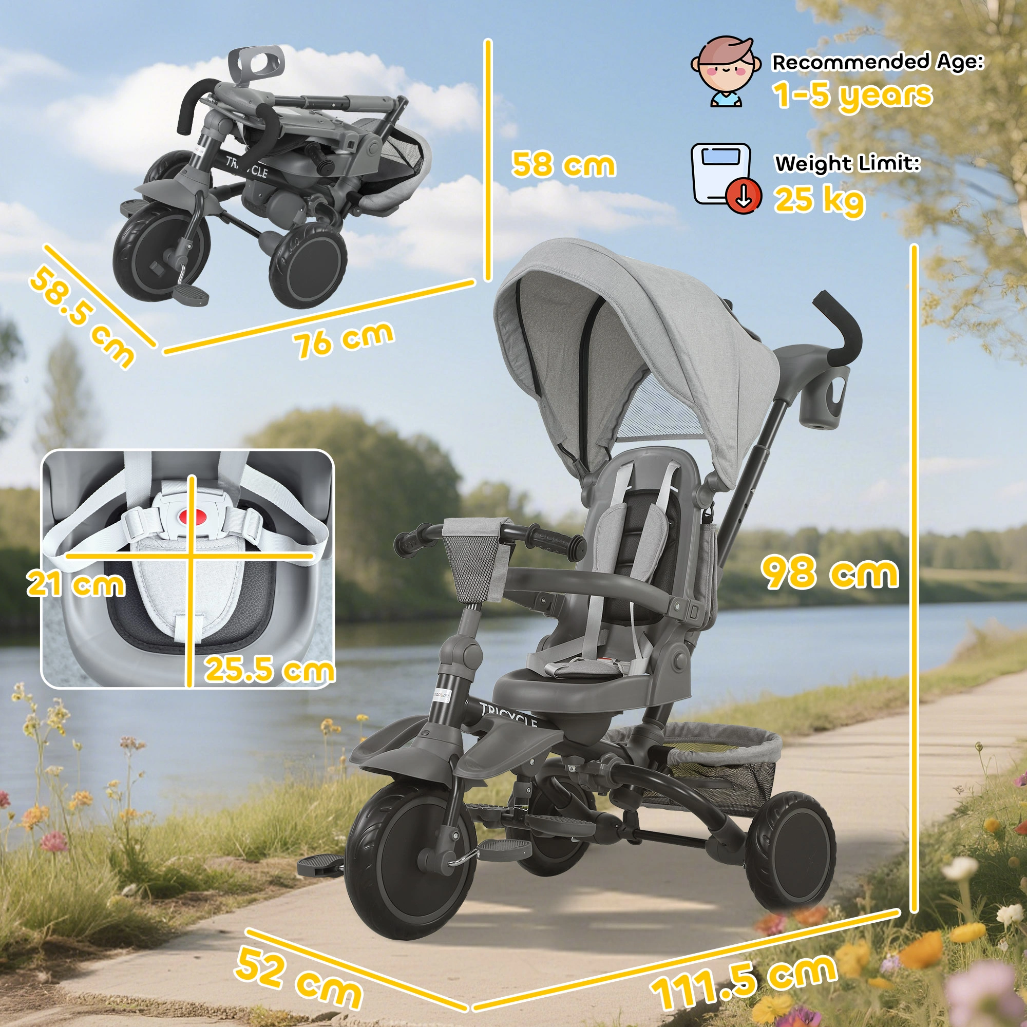 6-in-1 Kids Tricycle Adjustable Push Handle Reversible Seat Toddler Bike for Ages 1-5 Gray view 2