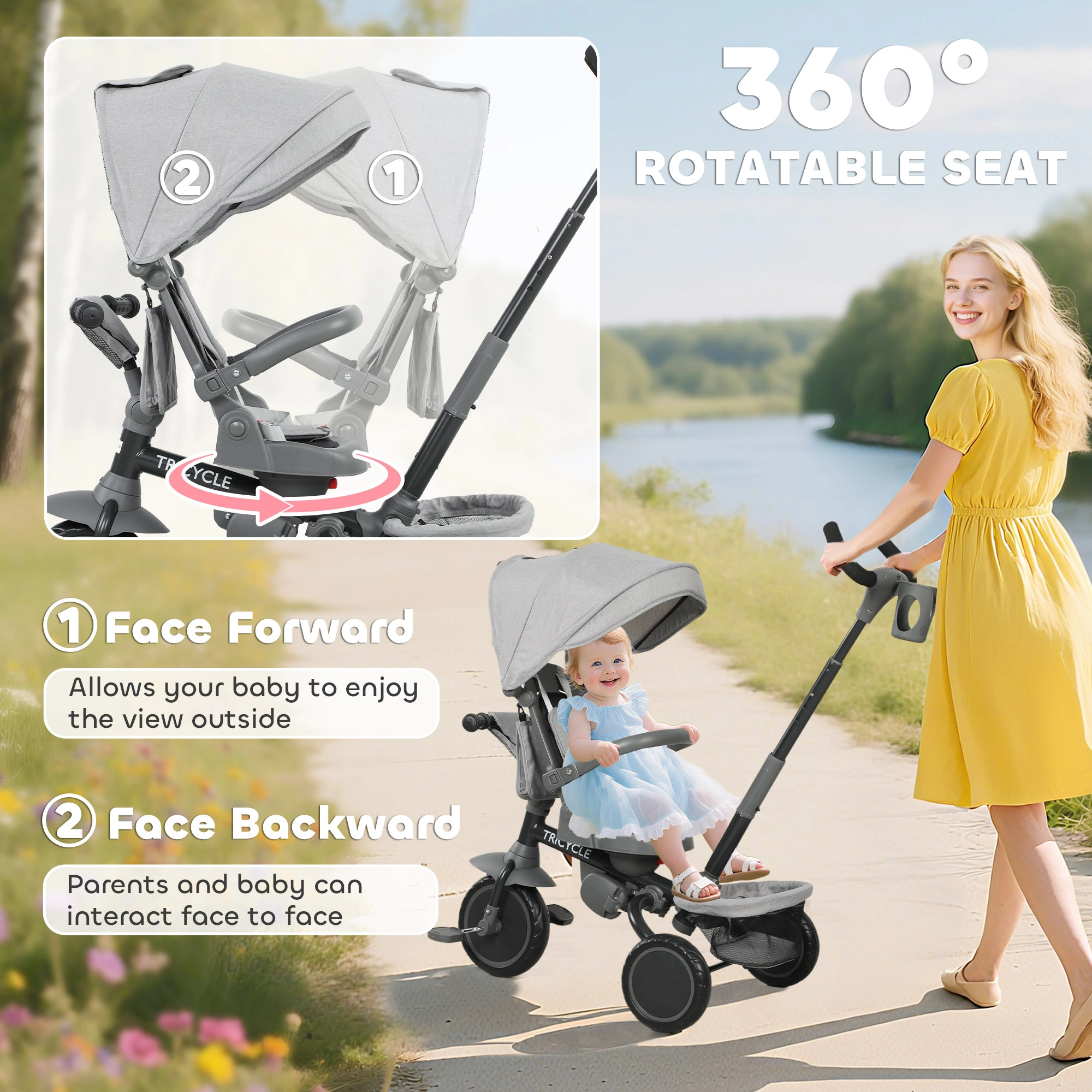 6-in-1 Kids Tricycle Adjustable Push Handle Reversible Seat Toddler Bike for Ages 1-5 Gray view 3