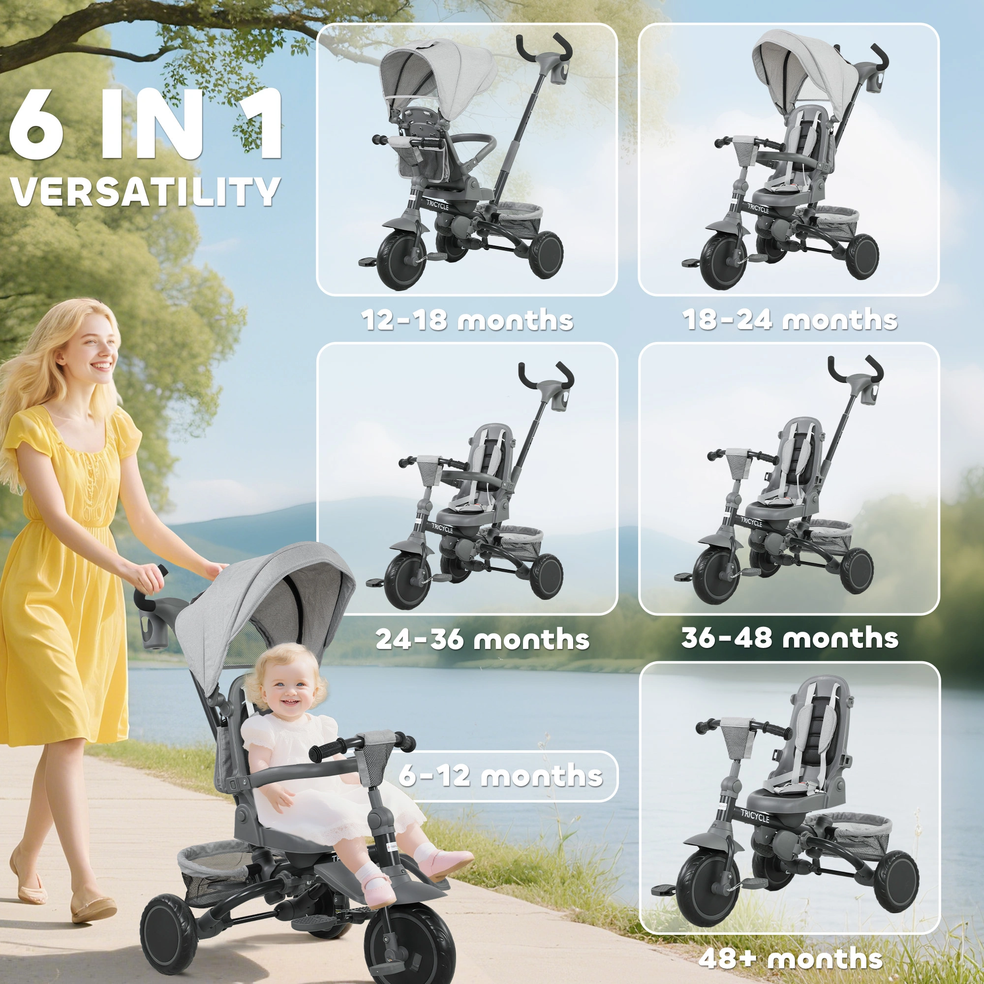 6-in-1 Kids Tricycle Adjustable Push Handle Reversible Seat Toddler Bike for Ages 1-5 Gray view 4