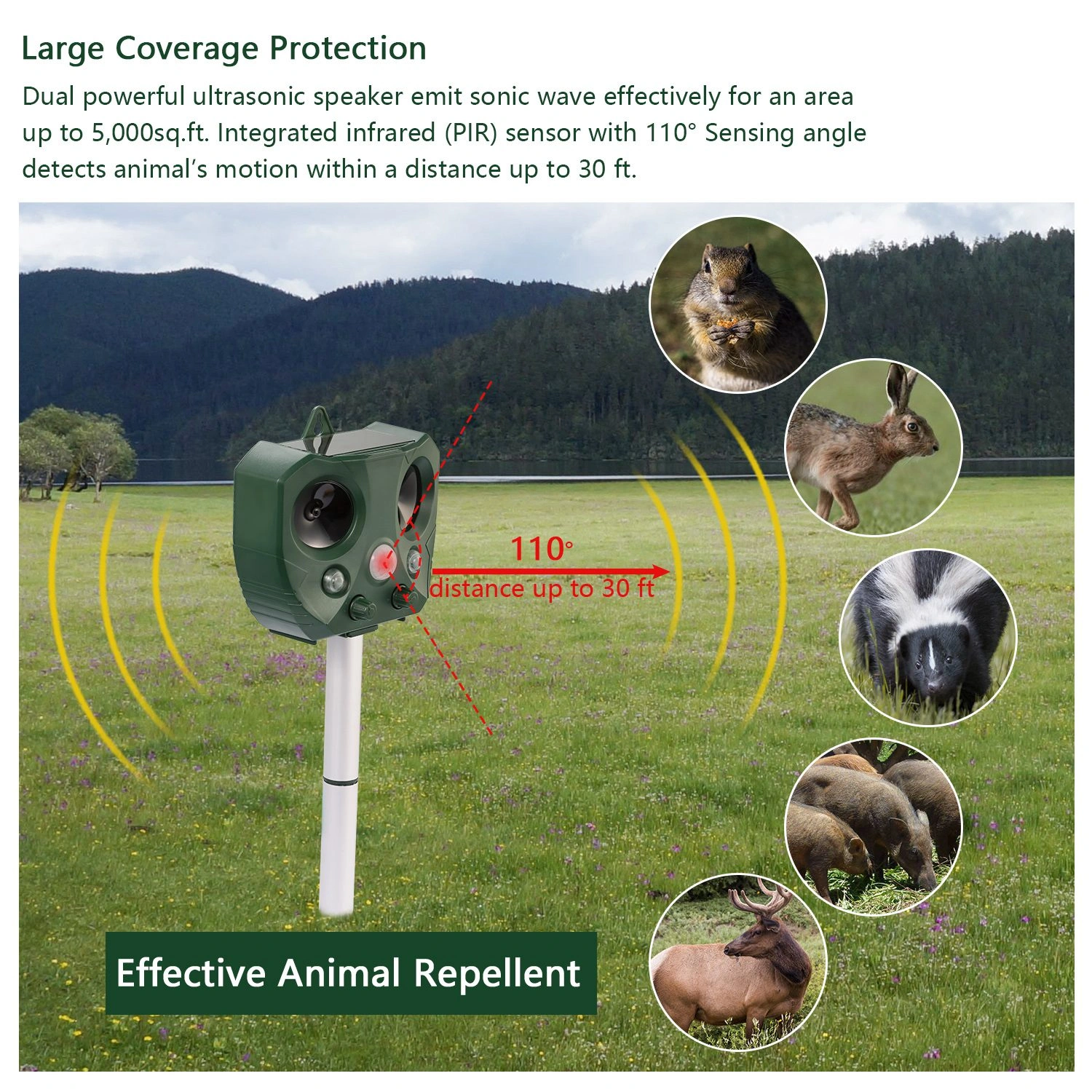 Solar Powered Ultrasonic Animal Repeller with PIR Motion Sensor, LED Flashing Light, IPX6 Waterproof, Dual Speakers, 5000 Sq.Ft Coverage, Repels Cat Dog Squirrel Raccoon Deer for Yard Garden