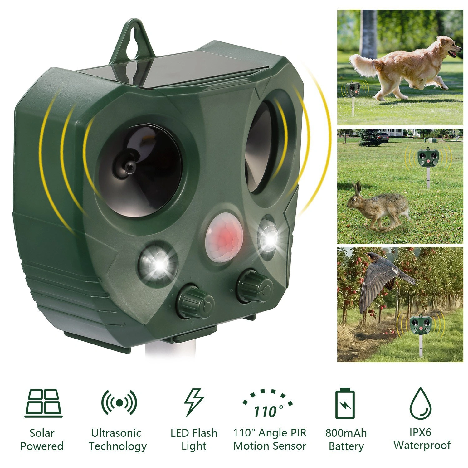 Solar Powered Ultrasonic Animal Repeller with PIR Motion Sensor, LED Flashing Light, IPX6 Waterproof, Dual Speakers, 5000 Sq.Ft Coverage, Repels Cat Dog Squirrel Raccoon Deer for Yard Garden view 12