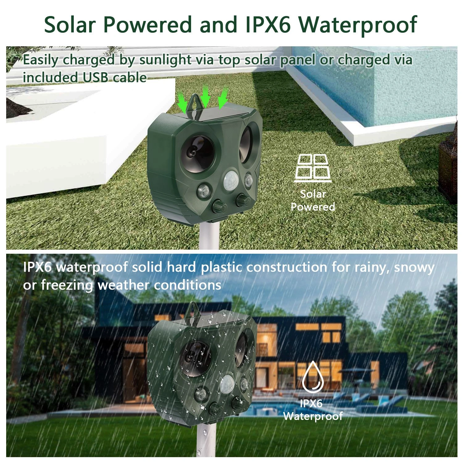 Solar Powered Ultrasonic Animal Repeller with PIR Motion Sensor, LED Flashing Light, IPX6 Waterproof, Dual Speakers, 5000 Sq.Ft Coverage, Repels Cat Dog Squirrel Raccoon Deer for Yard Garden view 5