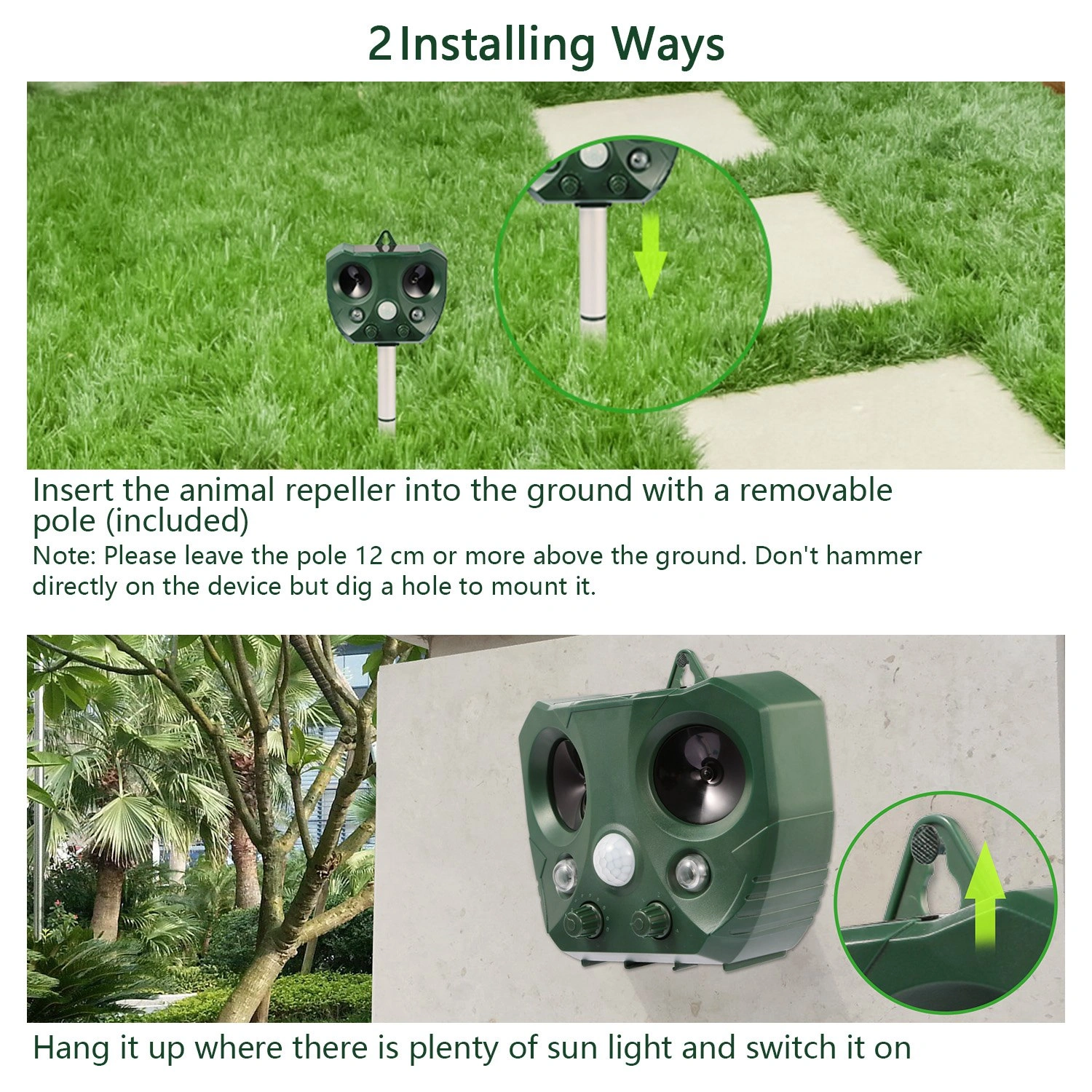 Solar Powered Ultrasonic Animal Repeller with PIR Motion Sensor, LED Flashing Light, IPX6 Waterproof, Dual Speakers, 5000 Sq.Ft Coverage, Repels Cat Dog Squirrel Raccoon Deer for Yard Garden view 7