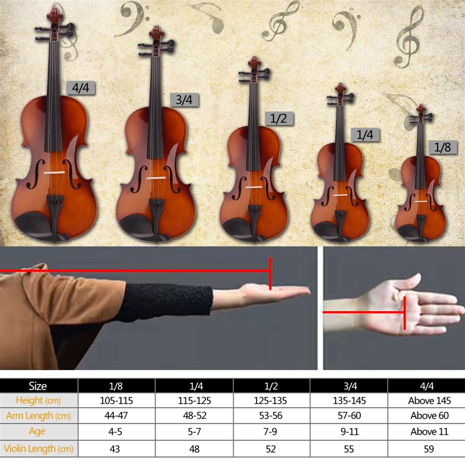 New 1/8 Acoustic Violin Case Bow Rosin Natural view 16