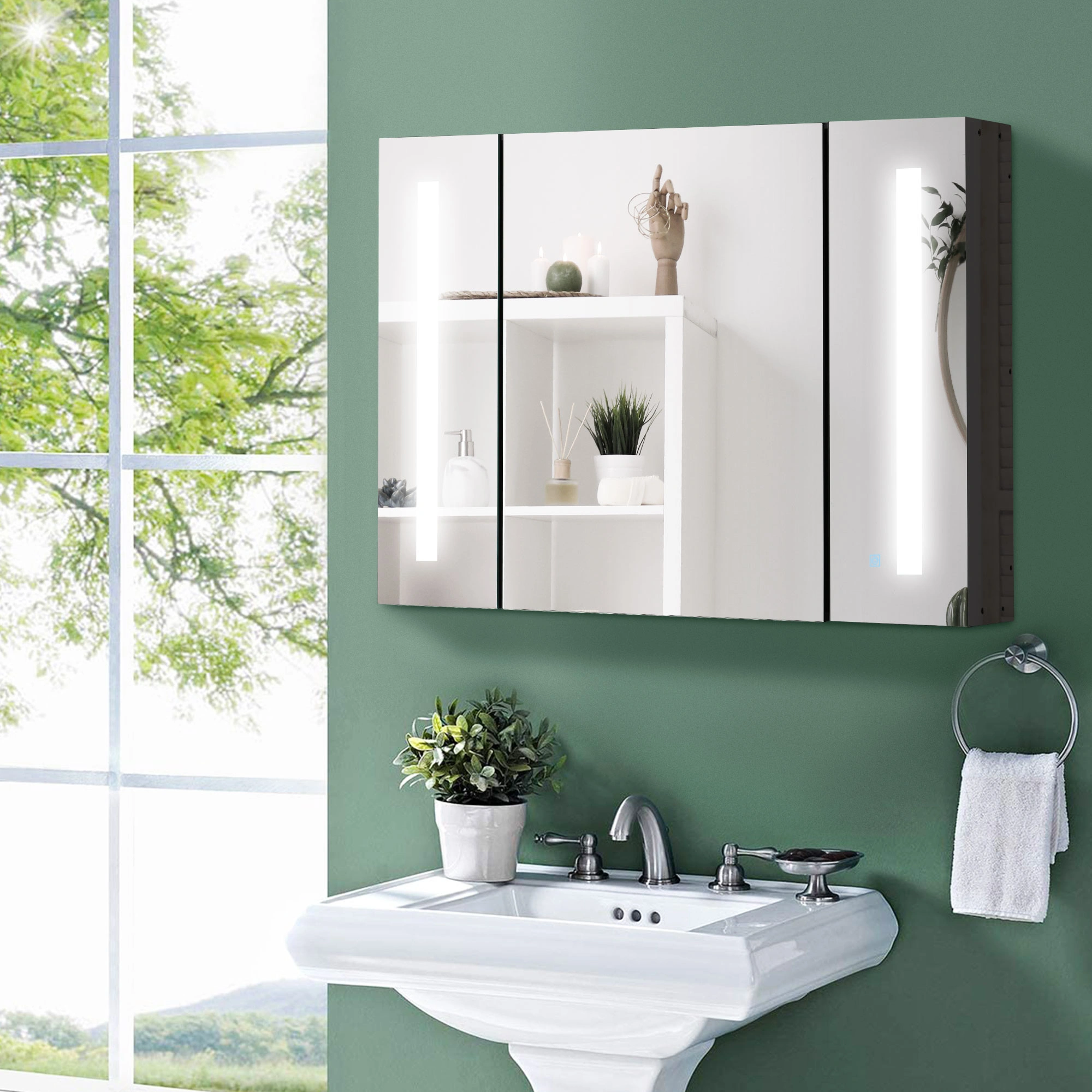 Bathroom Cabinet with Mirror, Wall-Mounted Vanity Storage Organizer with Shelf, White