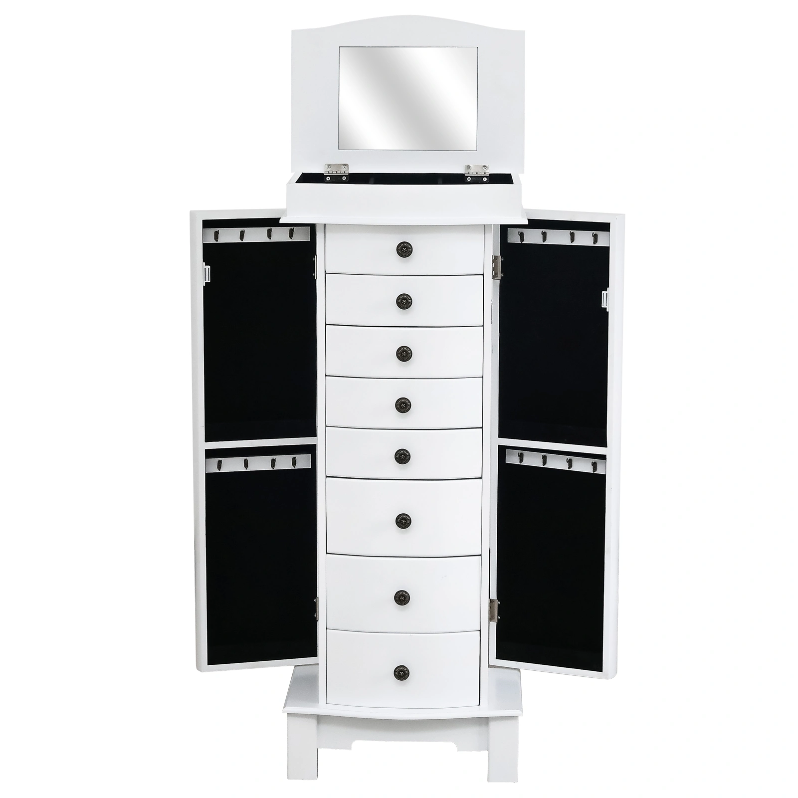 White Jewelry Armoire with Mirror, 8 Drawers, 16 Necklace Hooks, 2 Side Swing Doors