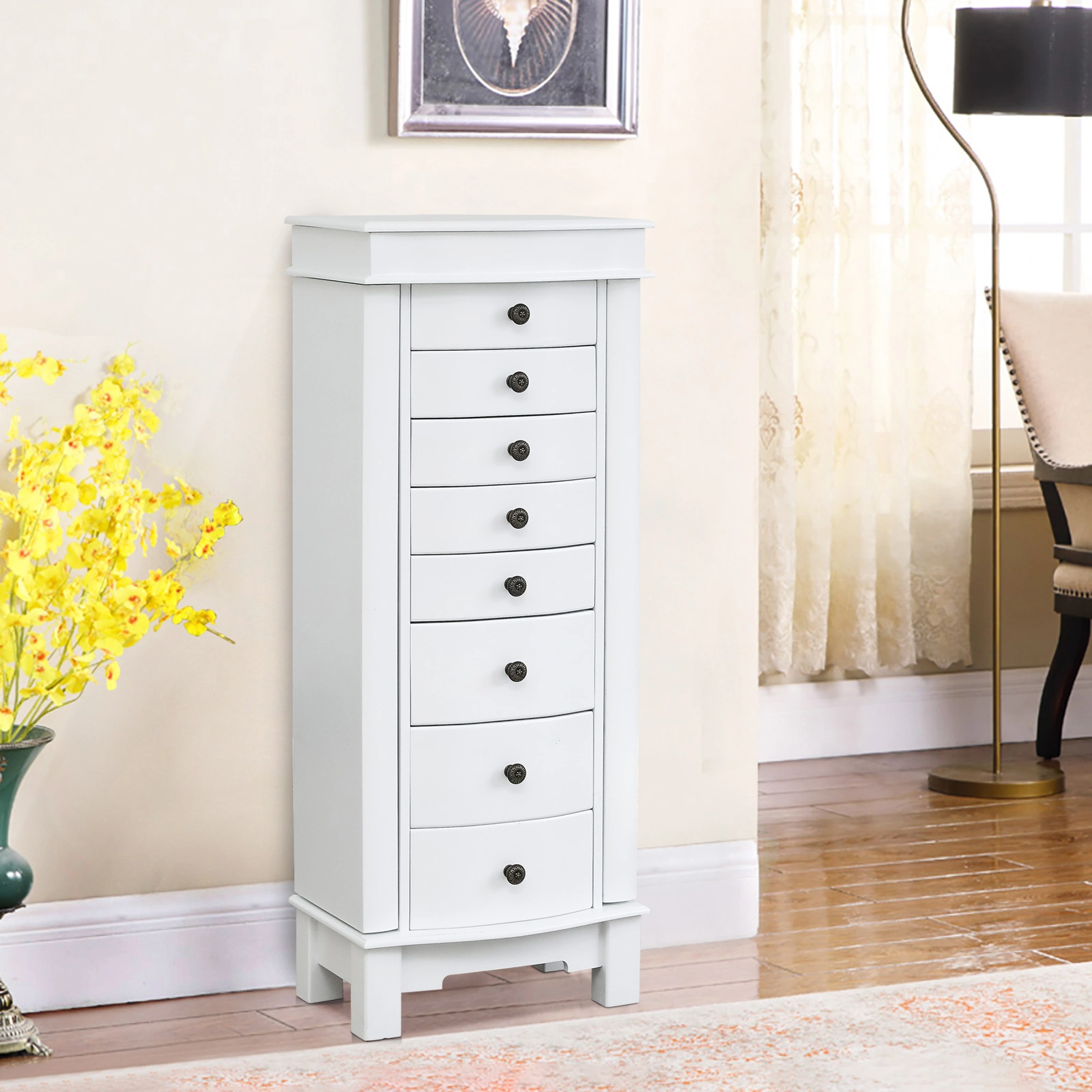 White Jewelry Armoire with Mirror, 8 Drawers, 16 Necklace Hooks, 2 Side Swing Doors view 3