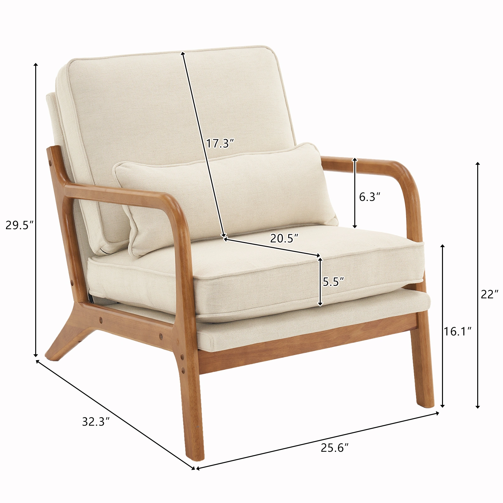 Oak Upholstered Single Lounge Chair with Oak Frame - Indoor Accent Chair, Off-White view 12