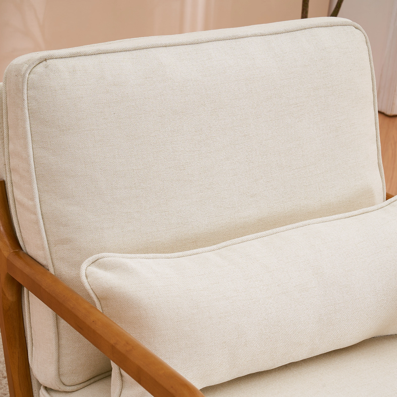 Oak Upholstered Single Lounge Chair with Oak Frame - Indoor Accent Chair, Off-White view 21