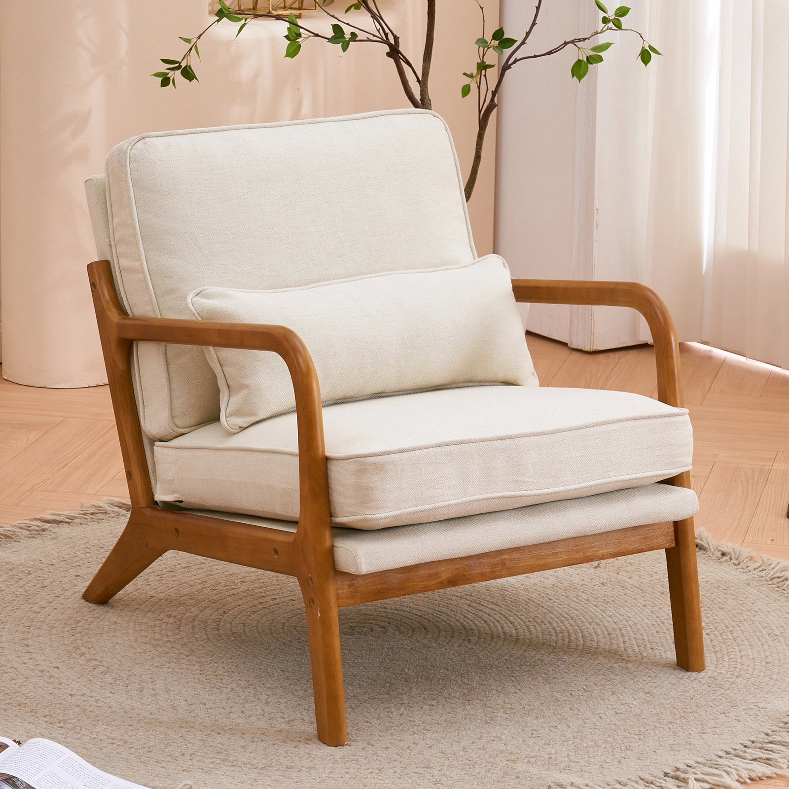 Oak Upholstered Single Lounge Chair with Oak Frame - Indoor Accent Chair, Off-White view 23