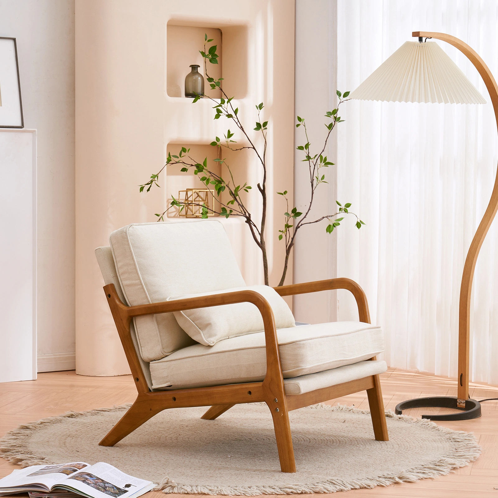 Oak Upholstered Single Lounge Chair with Oak Frame - Indoor Accent Chair, Off-White view 24