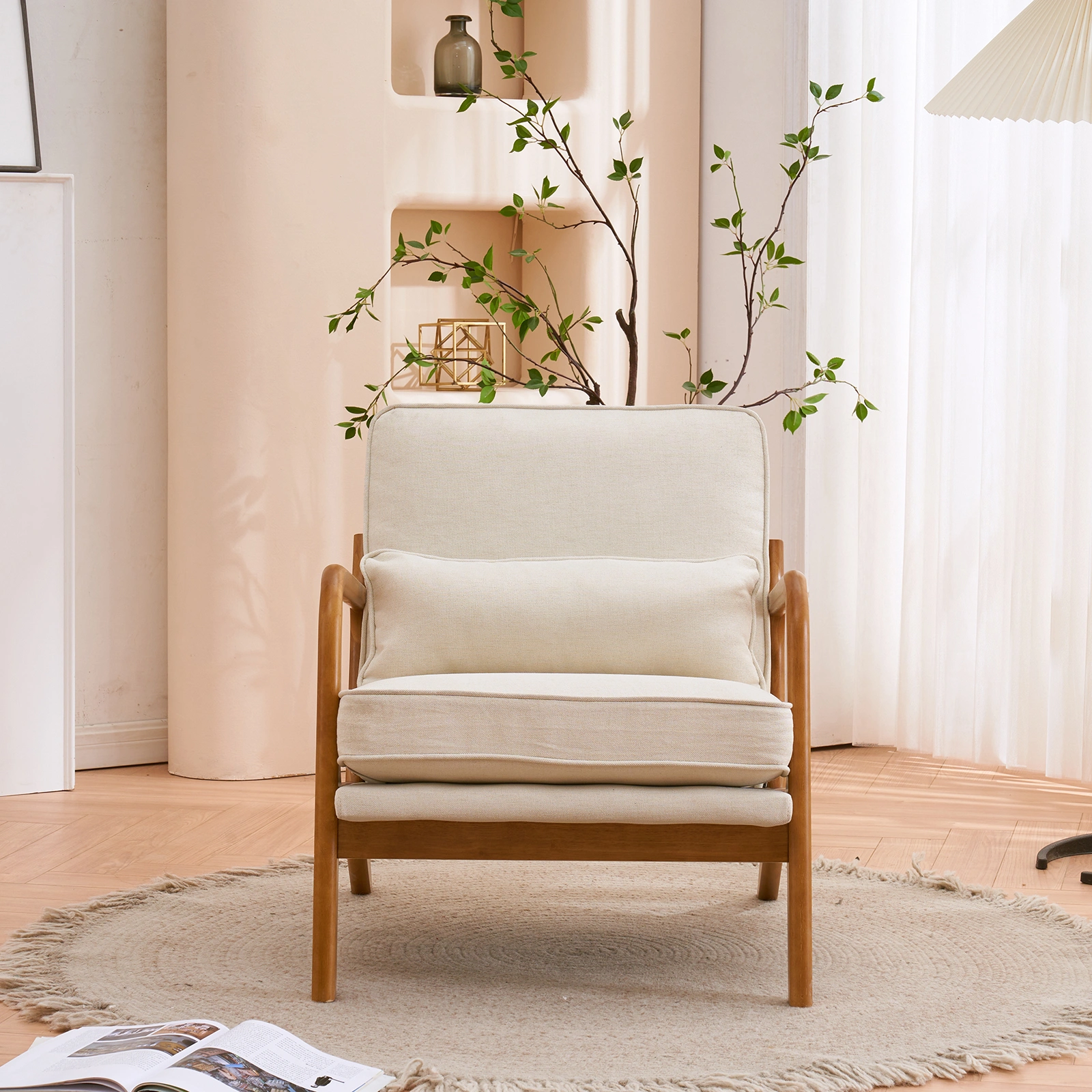Oak Upholstered Single Lounge Chair with Oak Frame - Indoor Accent Chair, Off-White view 26