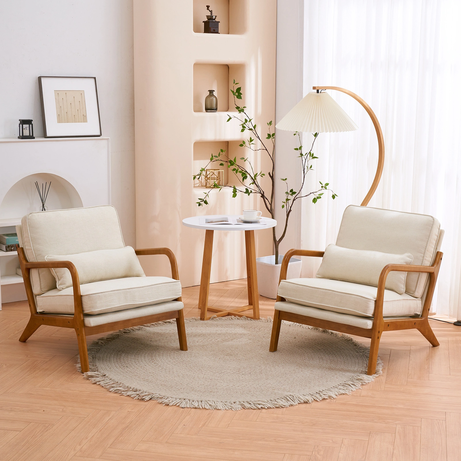 Oak Upholstered Single Lounge Chair with Oak Frame - Indoor Accent Chair, Off-White view 27