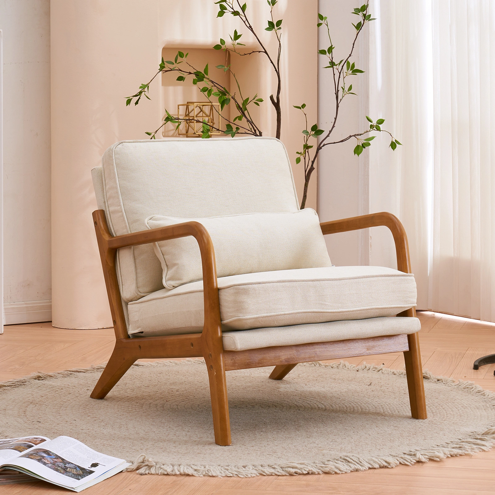 Oak Upholstered Single Lounge Chair with Oak Frame - Indoor Accent Chair, Off-White view 29