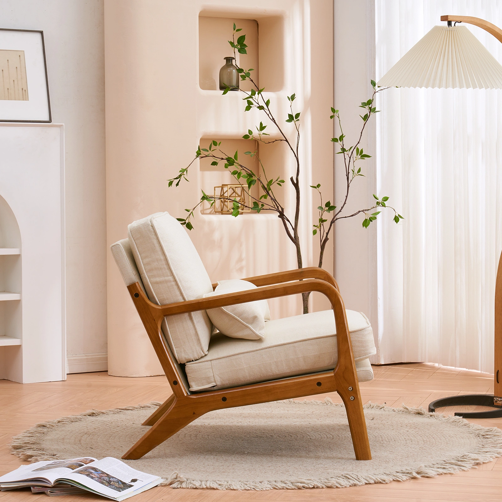 Oak Upholstered Single Lounge Chair with Oak Frame - Indoor Accent Chair, Off-White view 30