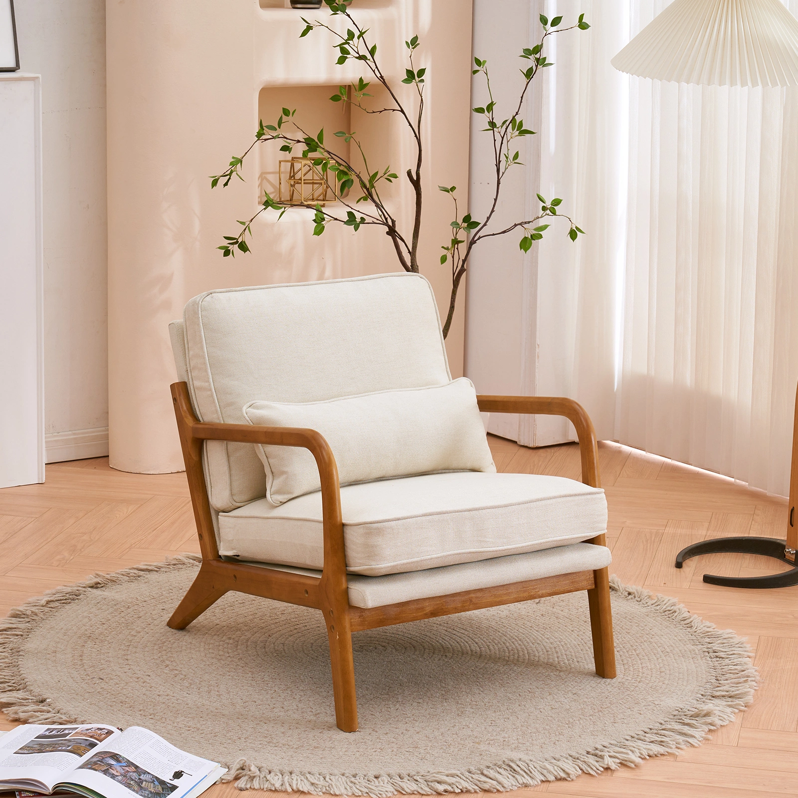 Oak Upholstered Single Lounge Chair with Oak Frame - Indoor Accent Chair, Off-White view 31